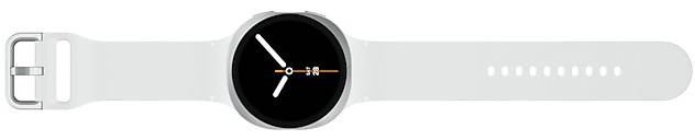 Eine Smartwatch, die eine minimalistische analoge Zifferblattoberfläche mit weißen Zeigern und einem orangefarbenen Akzent vor einem schwarzen Hintergrund zeigt.