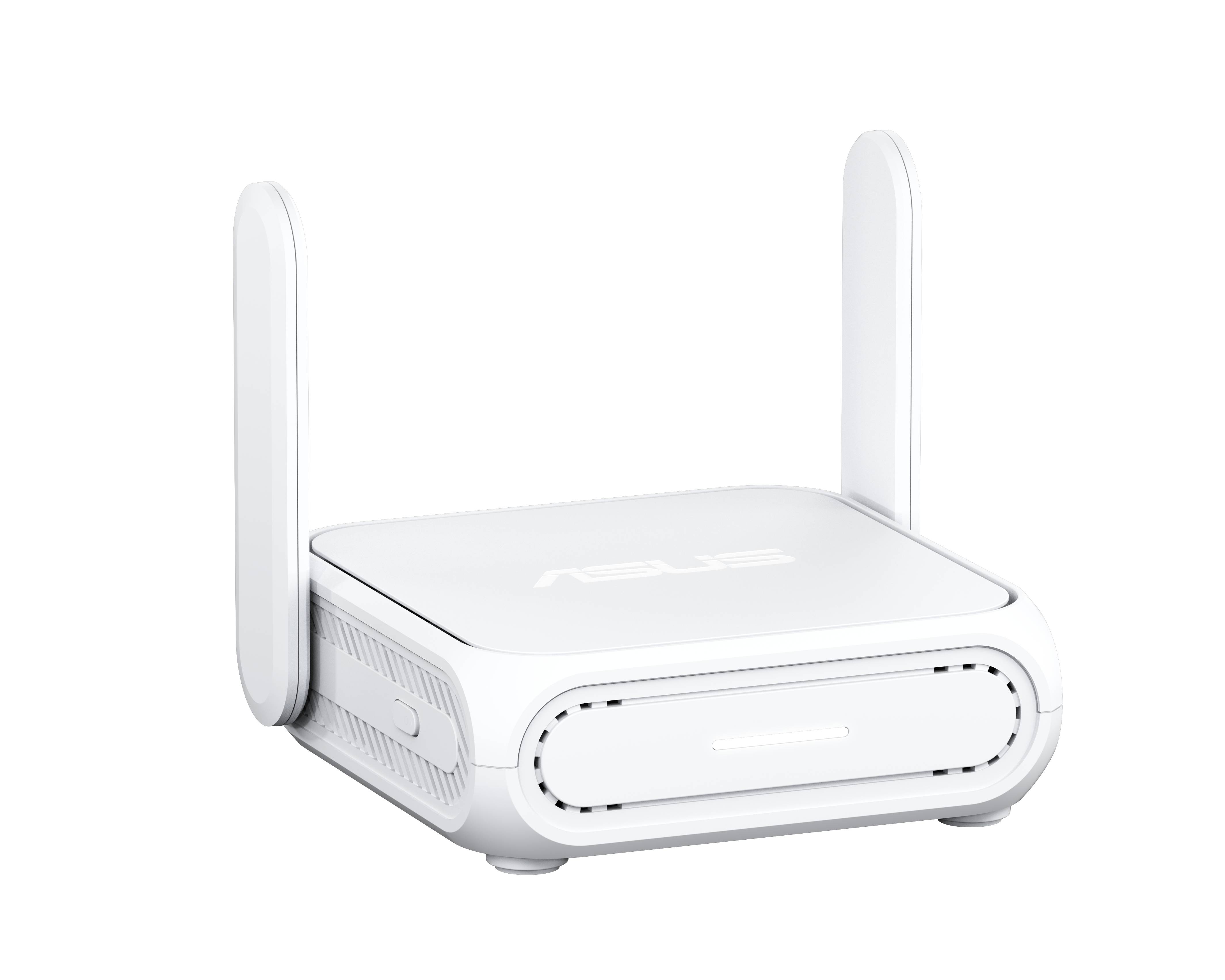 Weißer ASUS-WLAN-Router mit zwei aufrechten Antennen auf schwarzem Hintergrund.