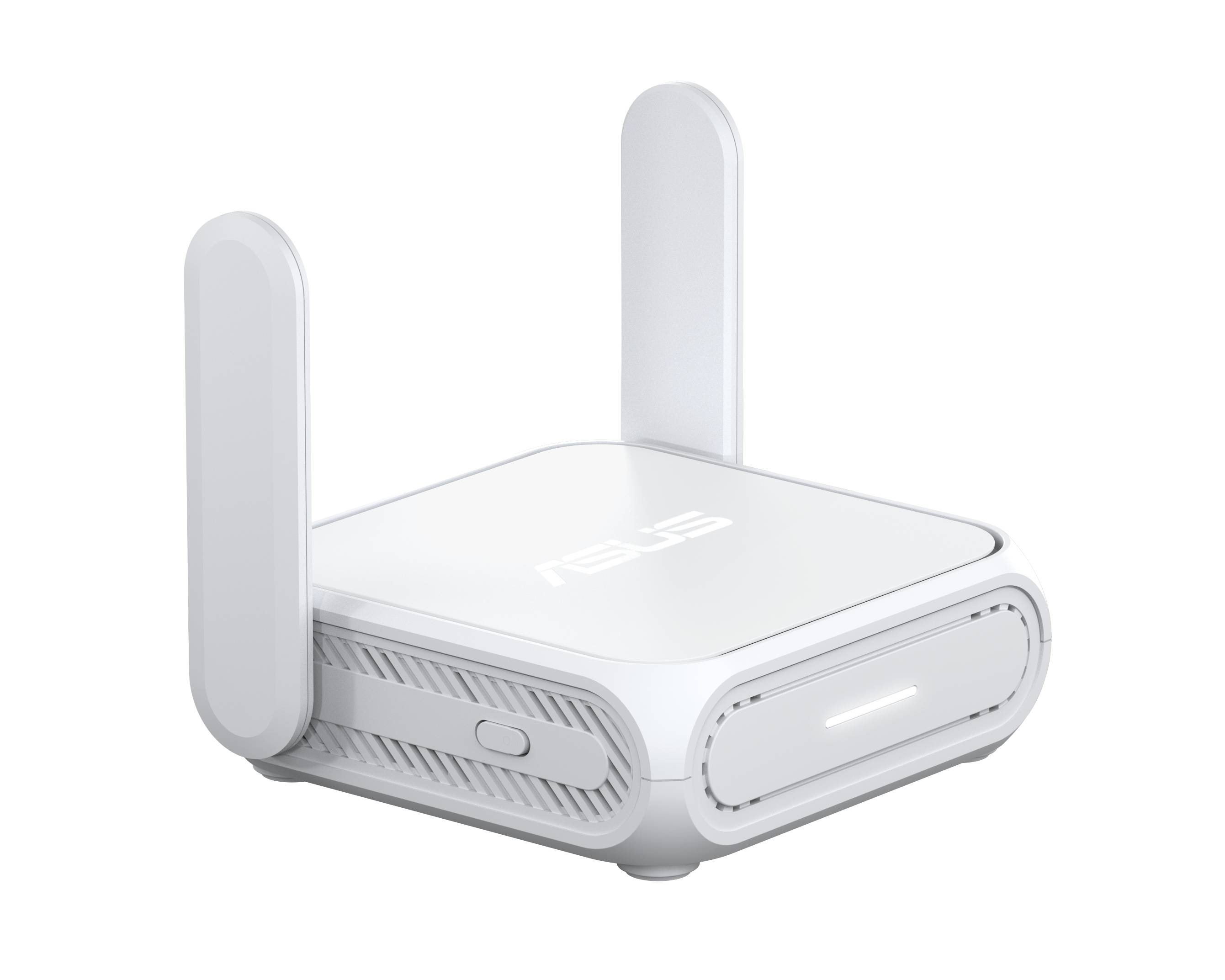 Weißer ASUS-Wireless-Router mit zwei aufrechten Antennen auf schwarzem Hintergrund, in Dreiviertelperspektive dargestellt.