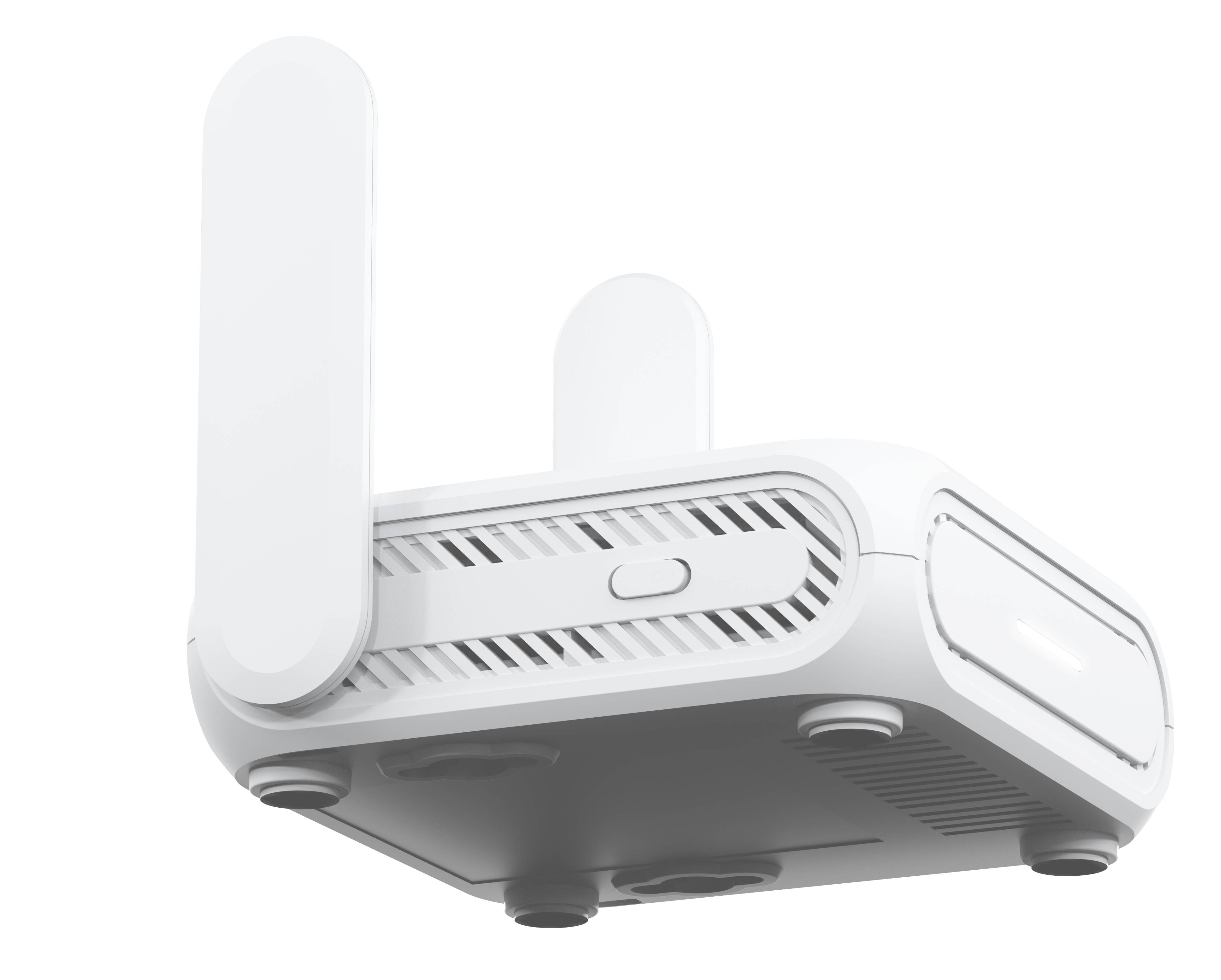 Unteransicht eines weißen WLAN-Routers mit zwei aufrechten Antennen auf schwarzem Hintergrund.