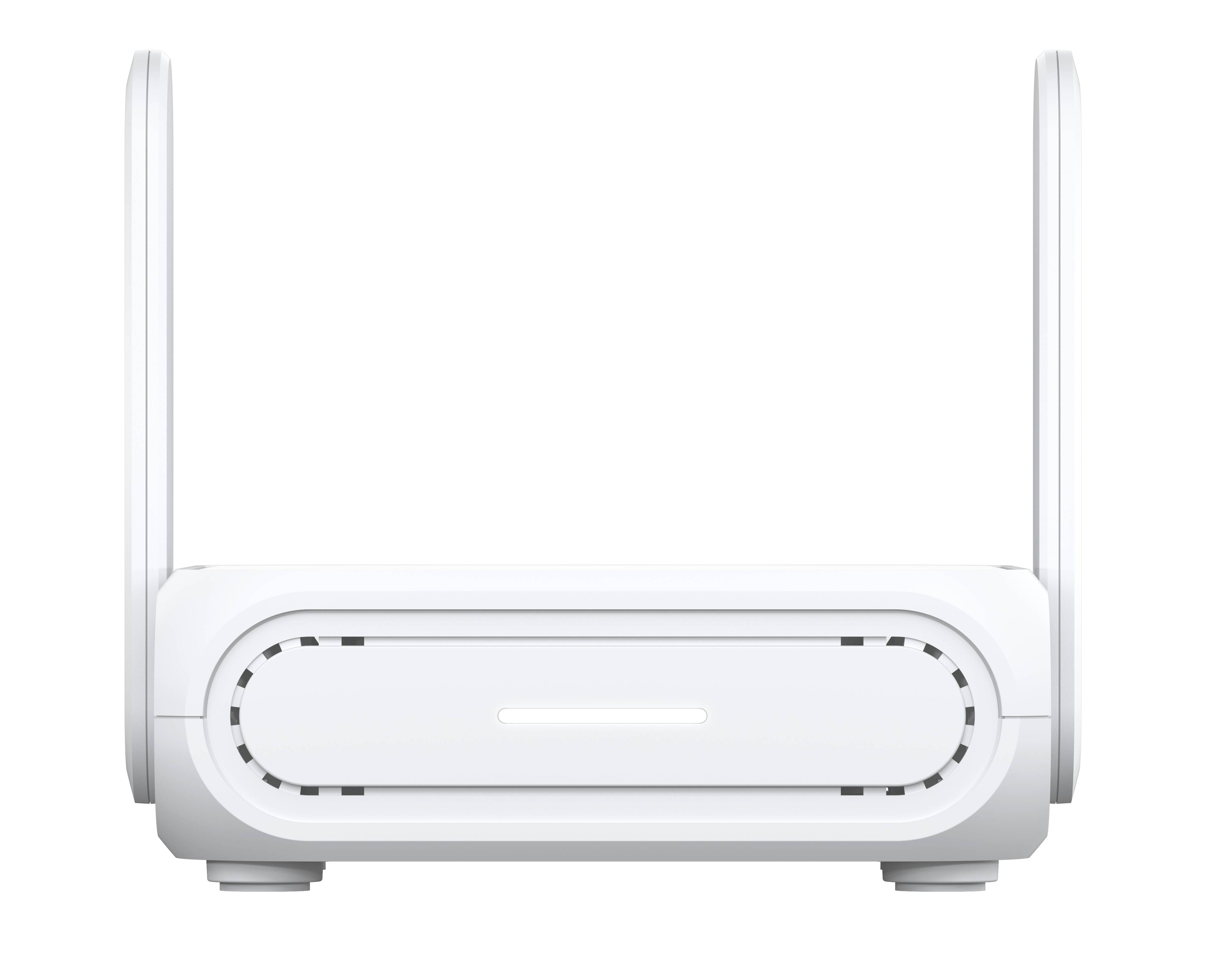 Weißer Wi-Fi-Router mit zwei aufrechten Antennen auf schwarzem Hintergrund, von vorne fotografiert.