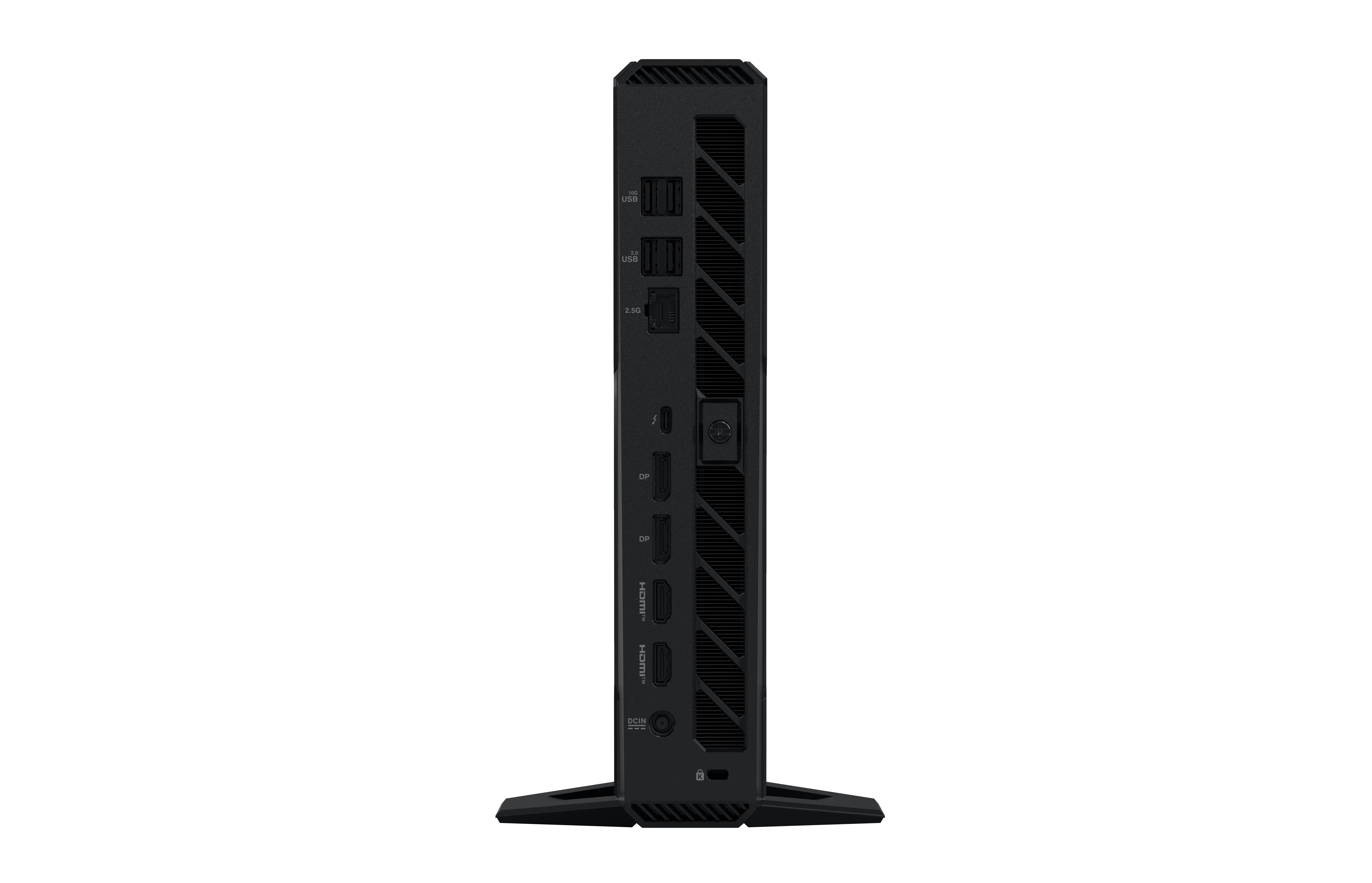 Ein vertikaler schwarzer Computer-Tower mit mehreren USB-Anschlüssen, Audioports und Kühlungsöffnungen, konzipiert für kompakte Desktop-Konfigurationen.