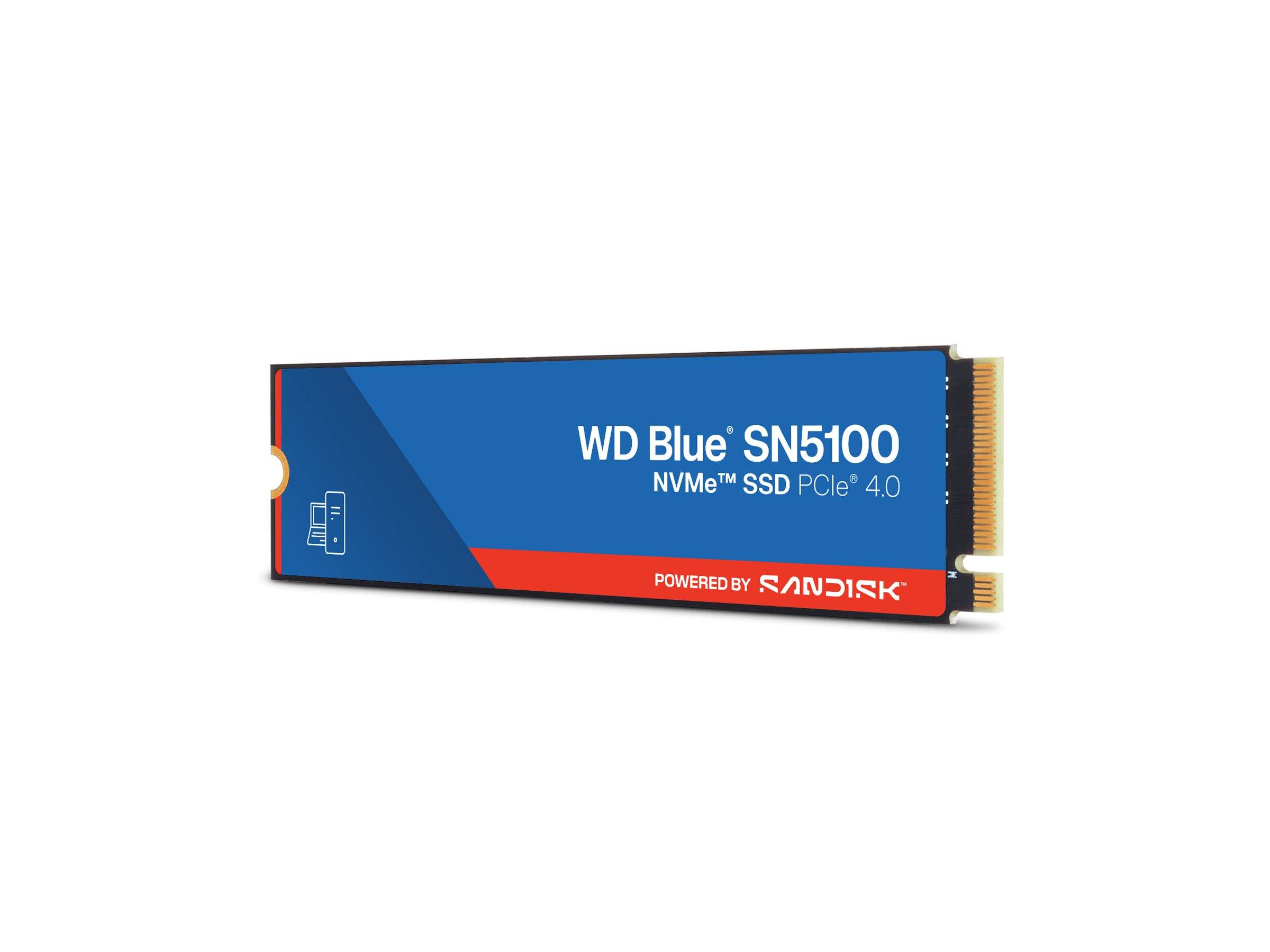WD Blue SN5100 NVMe-SSD mit SanDisk-Branding auf einem blau-roten M.2-Modul.