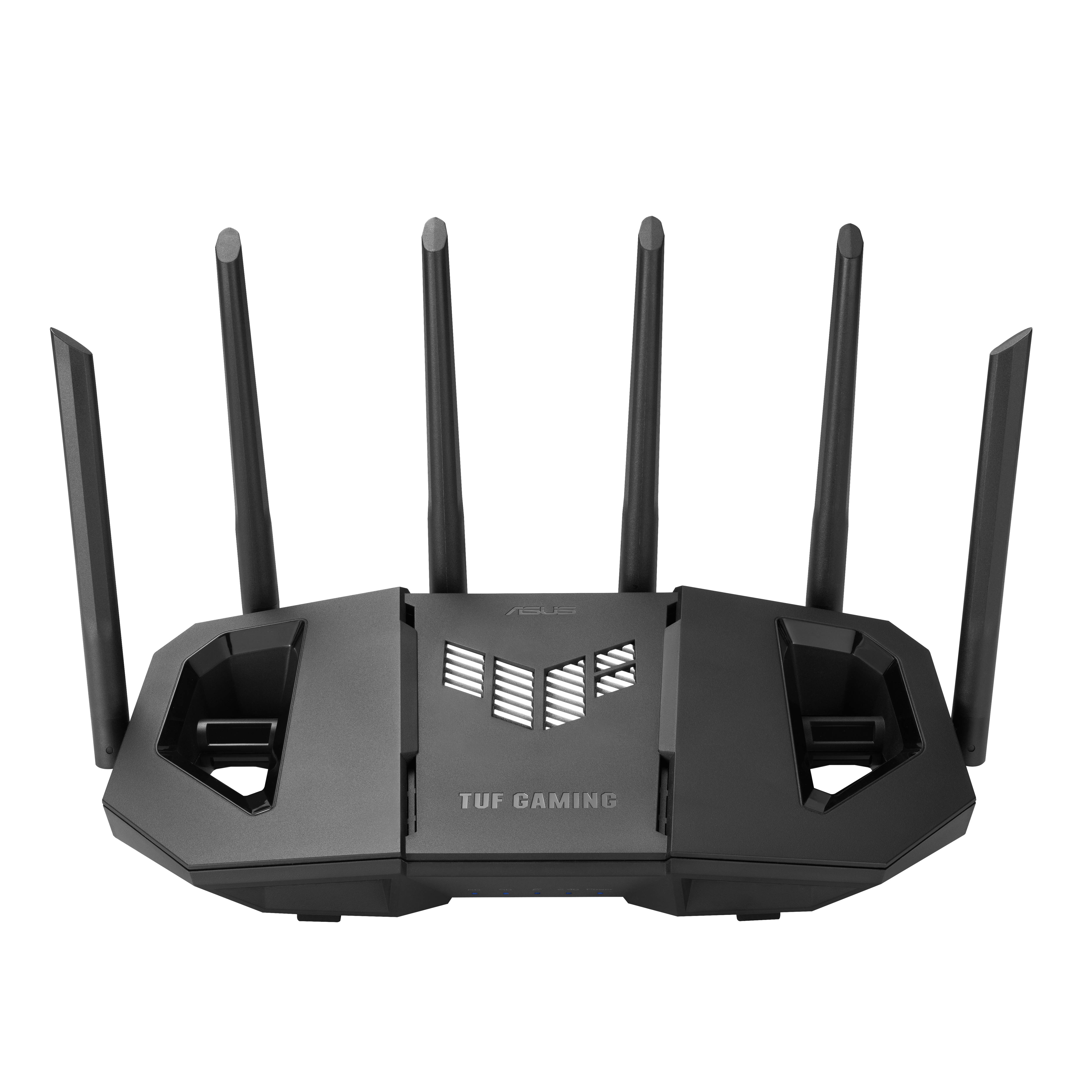Schwarzer ASUS TUF Gaming Wi‑Fi Router mit sechs externen Antennen auf dunklem Hintergrund.