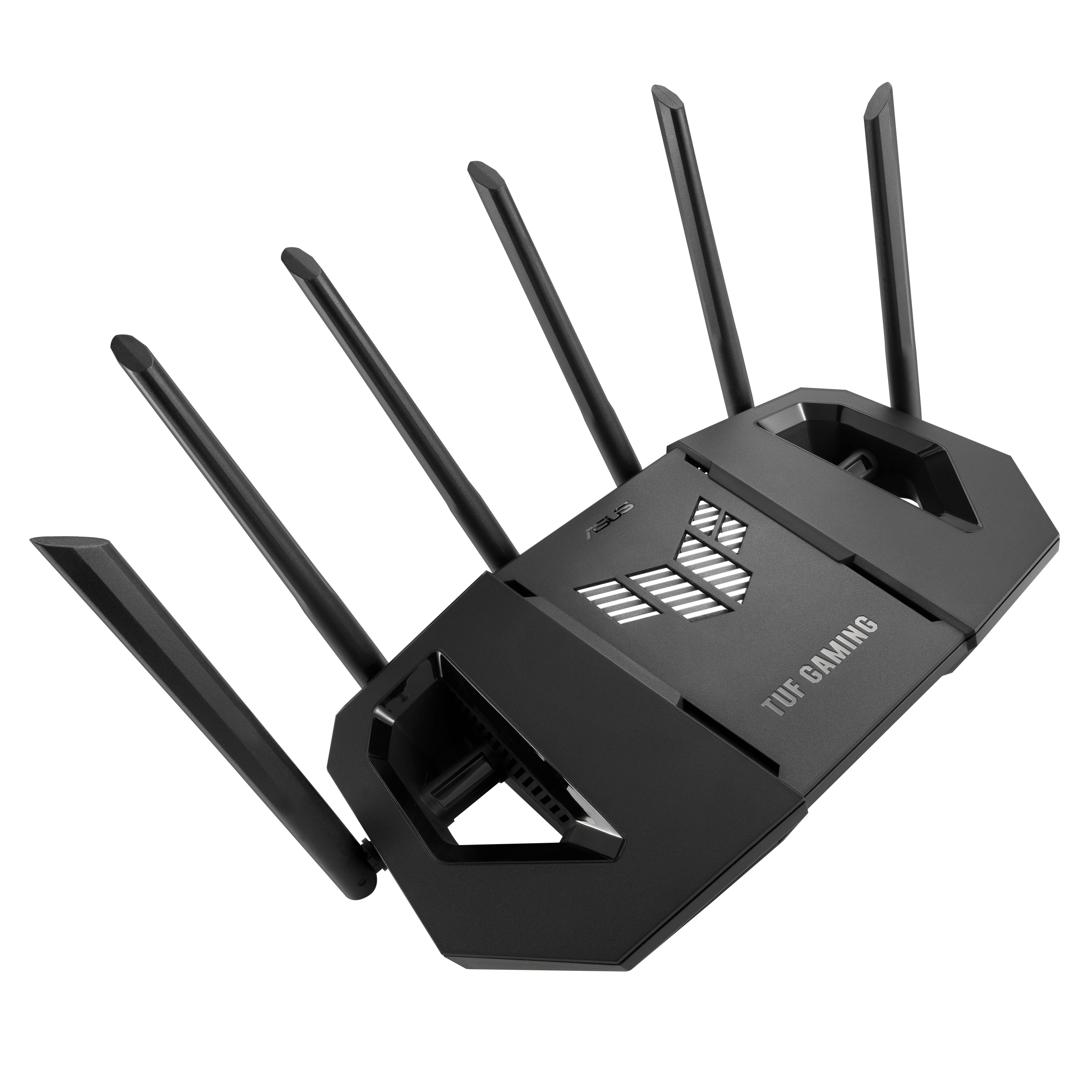 Schwarzer TUF Gaming Wi-Fi Router mit sechs externen Antennen auf schwarzem Hintergrund.