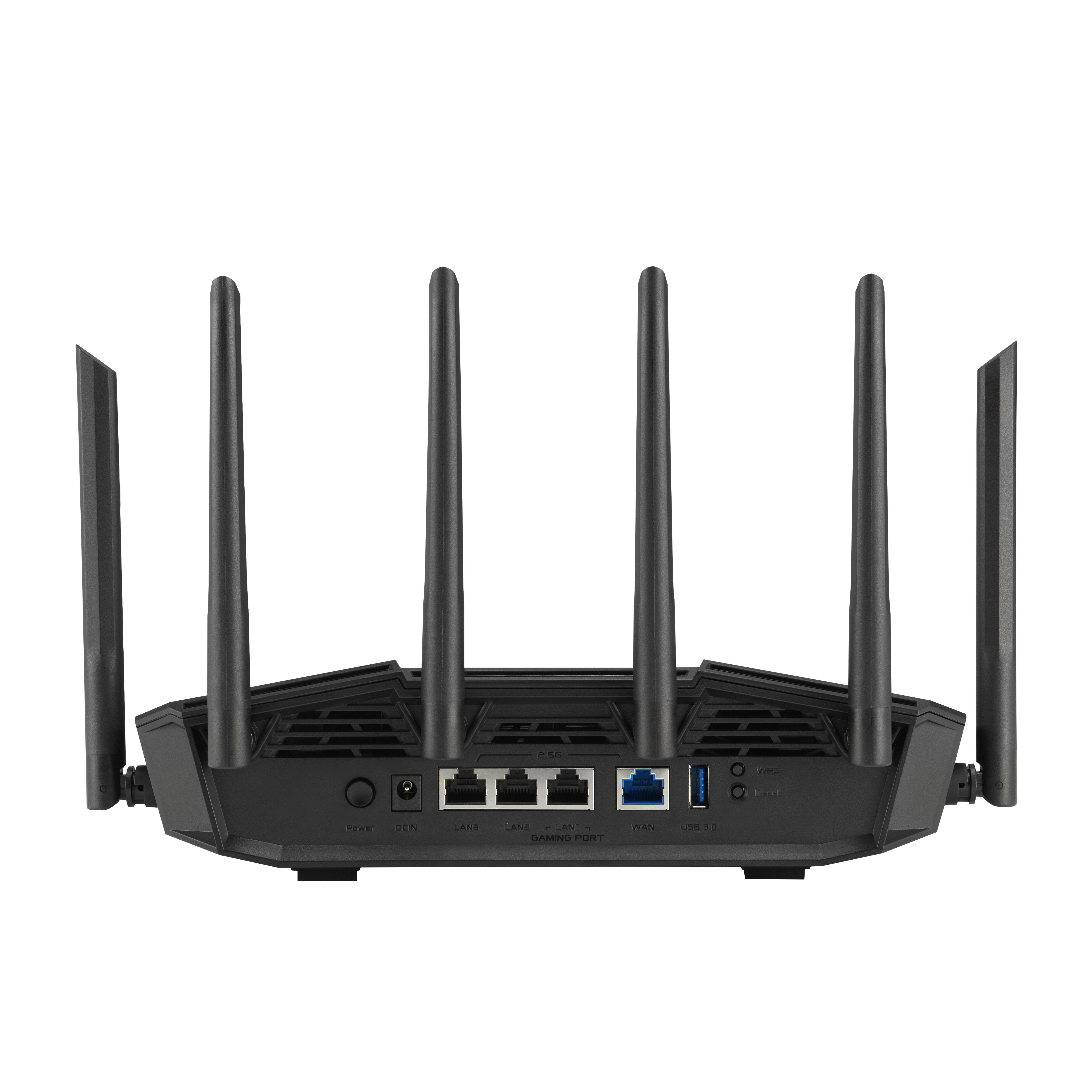 Rückansicht eines schwarzen WLAN-Routers mit sechs Antennen und mehreren Ethernet-/USB-Anschlüssen auf der Rückseite.