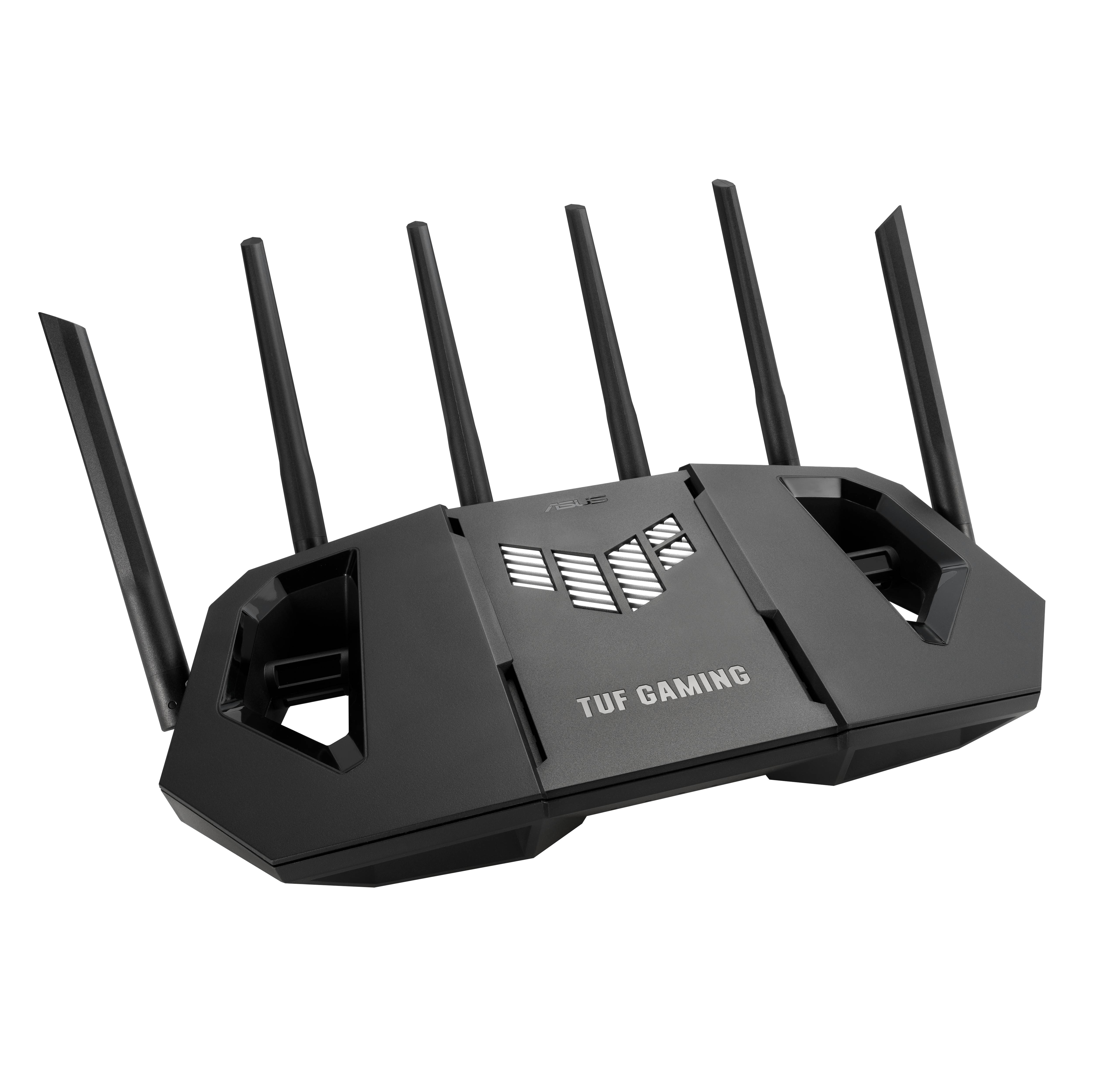 Schwarzer TUF Gaming Wi-Fi Router mit sechs externen Antennen auf schwarzem Hintergrund