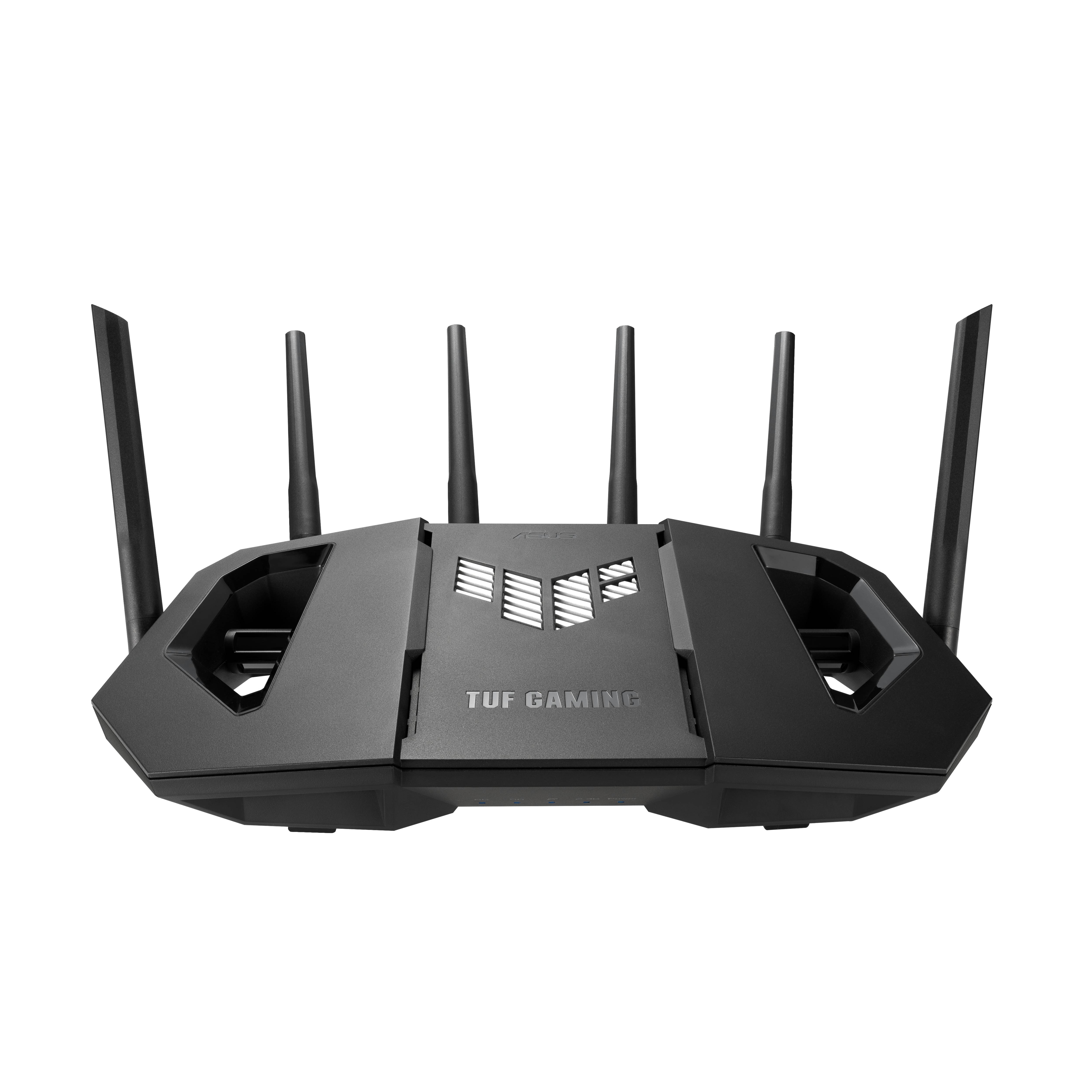 Schwarzer TUF Gaming Wi-Fi Router mit sechs Antennen und eckigen Lüftungsschlitzen auf schwarzem Hintergrund.