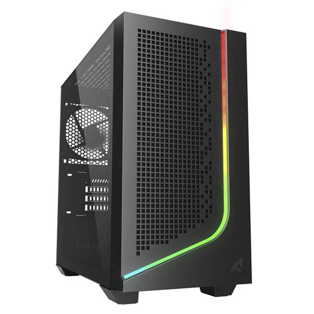 Ein schwarzes Computergehäuse mit einem vorderen Gittergehäuse und integrierter RGB-Beleuchtung. Es ist leicht nach rechts geneigt und zeigt Belüftung und Design.