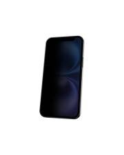 Ein schwarzes Smartphone, von vorne auf weißem Hintergrund gezeigt, mit ausgeschaltetem Bildschirm.
