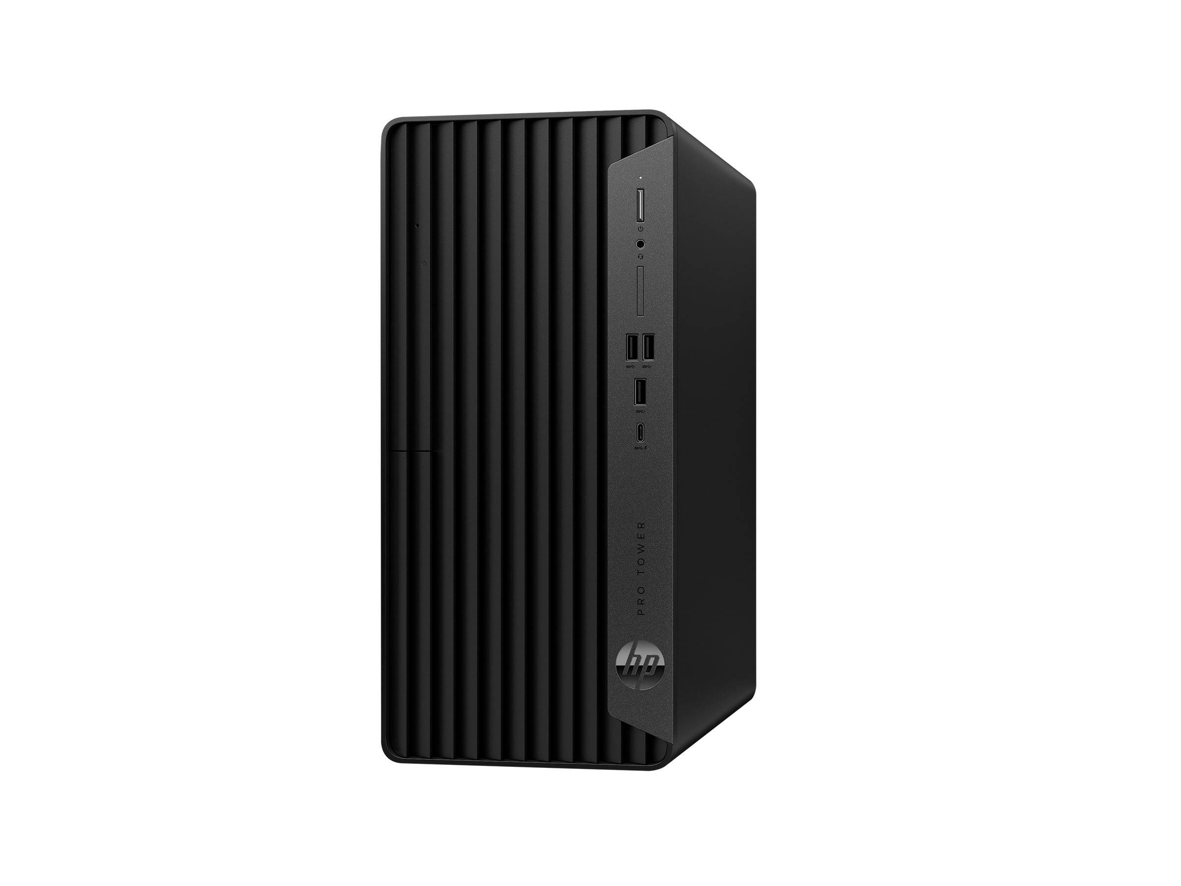 Ein schwarzer Desktop-Computer-Turm mit vertikalen Rillen auf der linken Seite, mit mehreren USB-Anschlüssen und einem Laufwerk auf der rechten Seite.