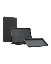 Drei schwarze Tablet-Hüllen in verschiedenen Positionen: vertikal, in Ständerposition und flach. Jede Hülle verfügt über eine strukturierte Rückseite für besseren Halt.