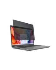 Ein silberner Laptop mit einem Sichtschutzfilter, der ein farbiges Bild auf dem Bildschirm zeigt, von einer Seitenansicht aus betrachtet.