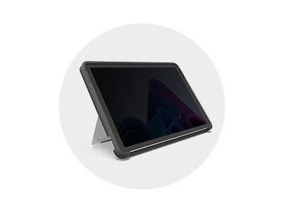 Schwarzes Tablet oder Touchscreen-Display in einem grauen klappbaren Ständer, im Winkel auf weißem Hintergrund gezeigt.