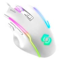 Eine weiße Gaming-Maus mit anpassbaren RGB-Lichtern, ausgestattet mit Seitentasten und einem Logo auf der Oberseite, entwickelt für einen verbesserten ergonomischen Griff.