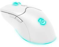 Eine weiße Gaming-Maus mit glühendem blauem Logo, ausgestattet mit Seitentasten und einem Scrollrad.