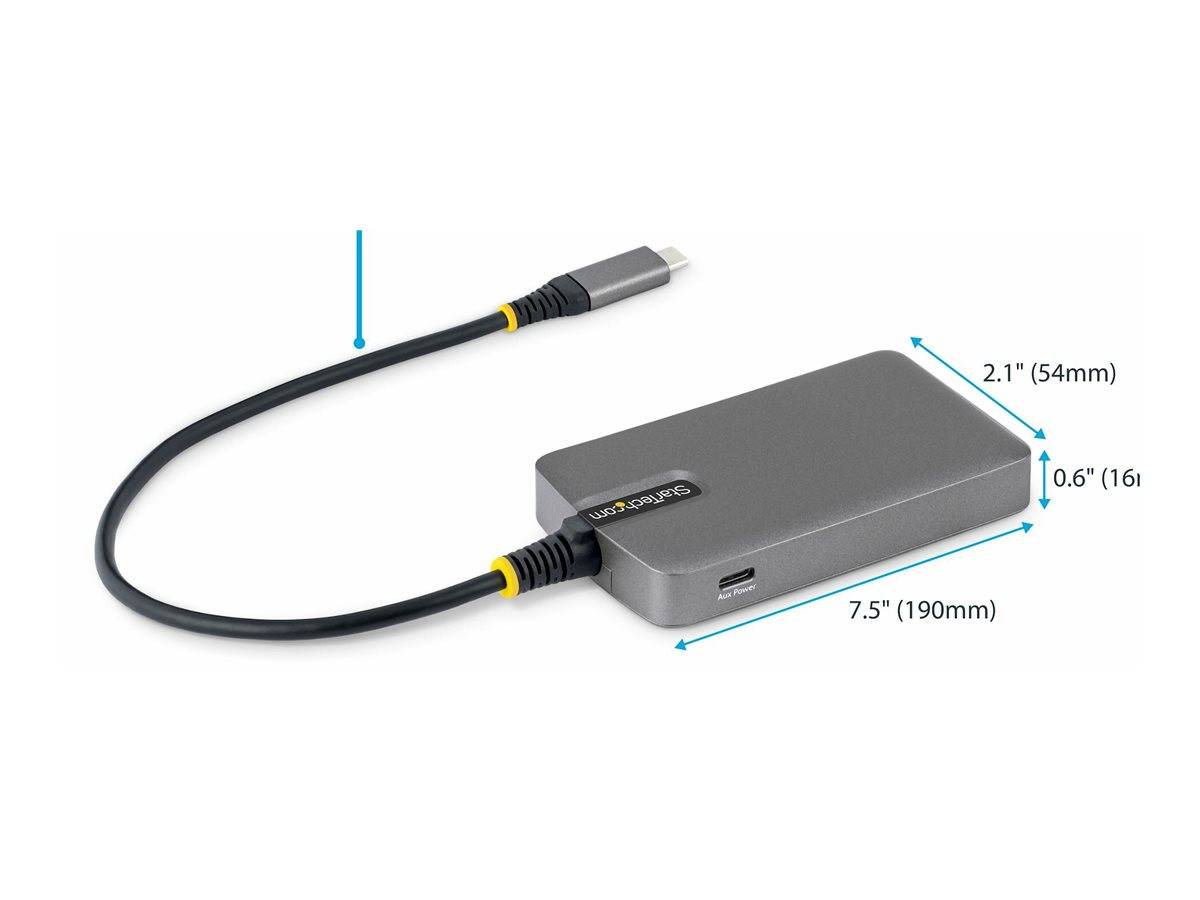 Externe Festplatte mit einem USB-C-Kabel, die 19 cm lang und 5,3 cm breit ist, auf einem weißen Hintergrund.