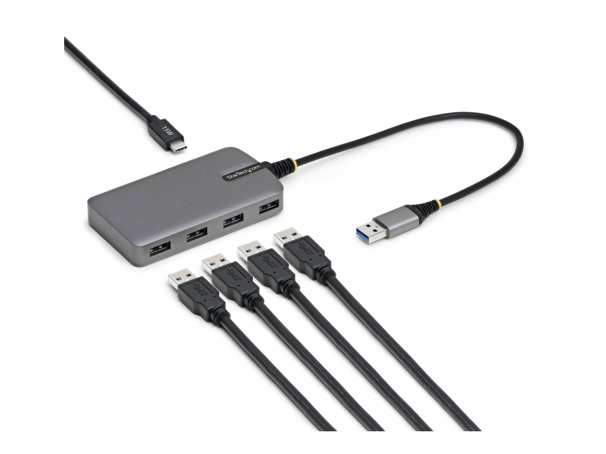 Ein USB-Hub mit vier USB-Anschlüssen und einem HDMI-Anschluss, der mit mehreren USB-Kabeln verbunden ist. Das Setup impliziert eine erweiterte Konnektivität für Geräte.