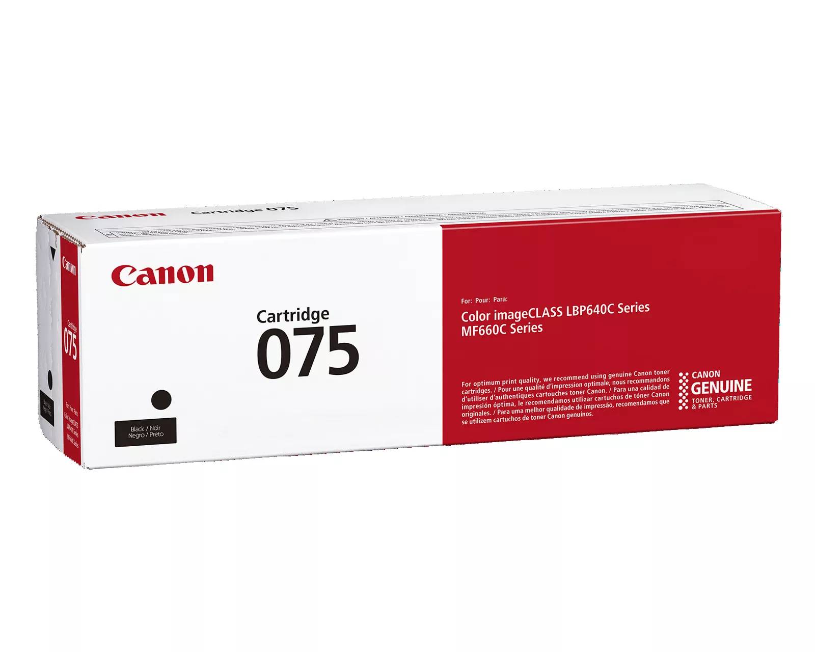 Canon Cartridge 075 Tonerbehälter für Color imageCLASS LBP640C Serie und MF660C Serie, gezeigt auf schwarzem Hintergrund.