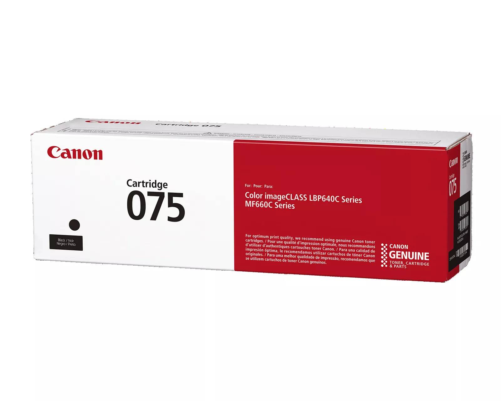 Canon Cartridge 075 Tonerkassette für Color imageCLASS LBP640C und MF660C Serie Drucker, weiße und rote Verpackung auf schwarzem Hintergrund.