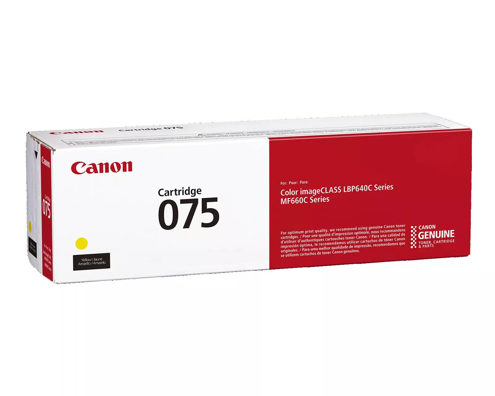Canon Cartridge 075 Druckertoner-Box, Verpackung in Weiß und Rot für Farbdrucker der Serie imageCLASS LBP640C und MF660C.
