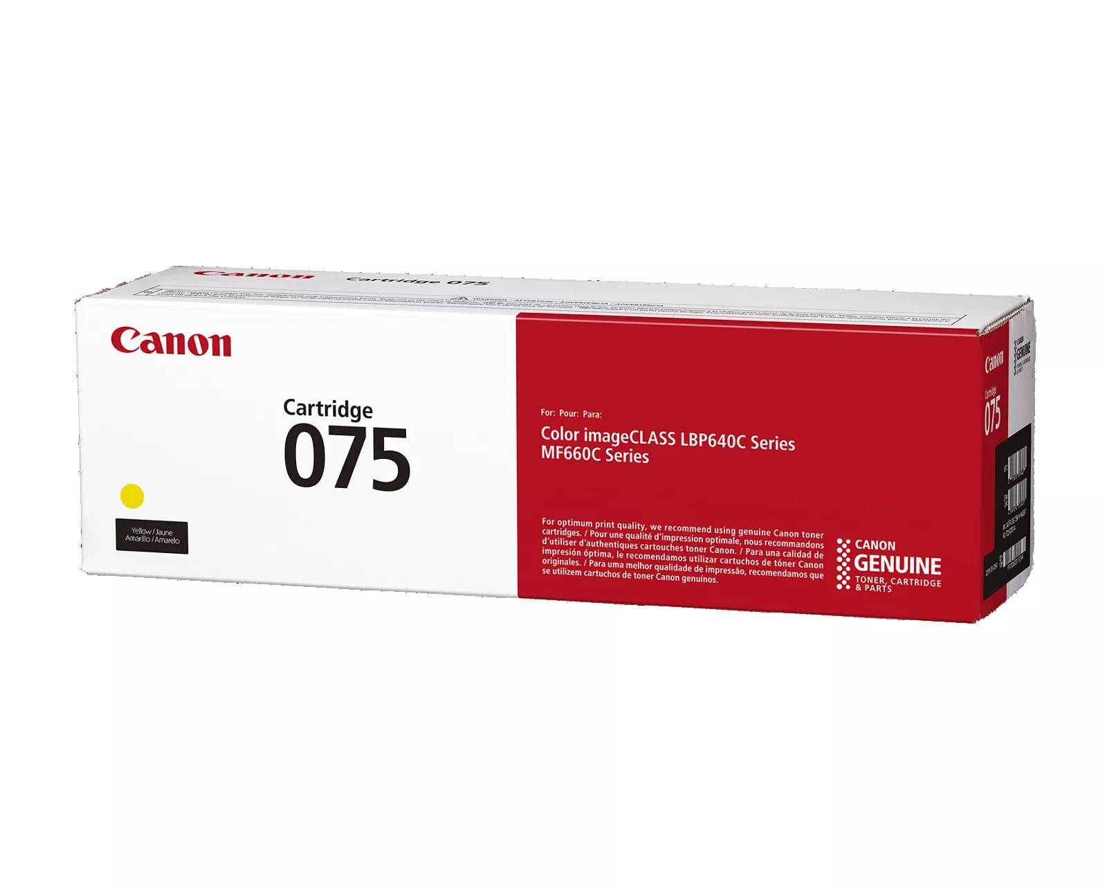 Canon Tonerkartusche 075 für Farbdrucker der Serie imageCLASS LBP640C und MF660C, dargestellt vor schwarzem Hintergrund.