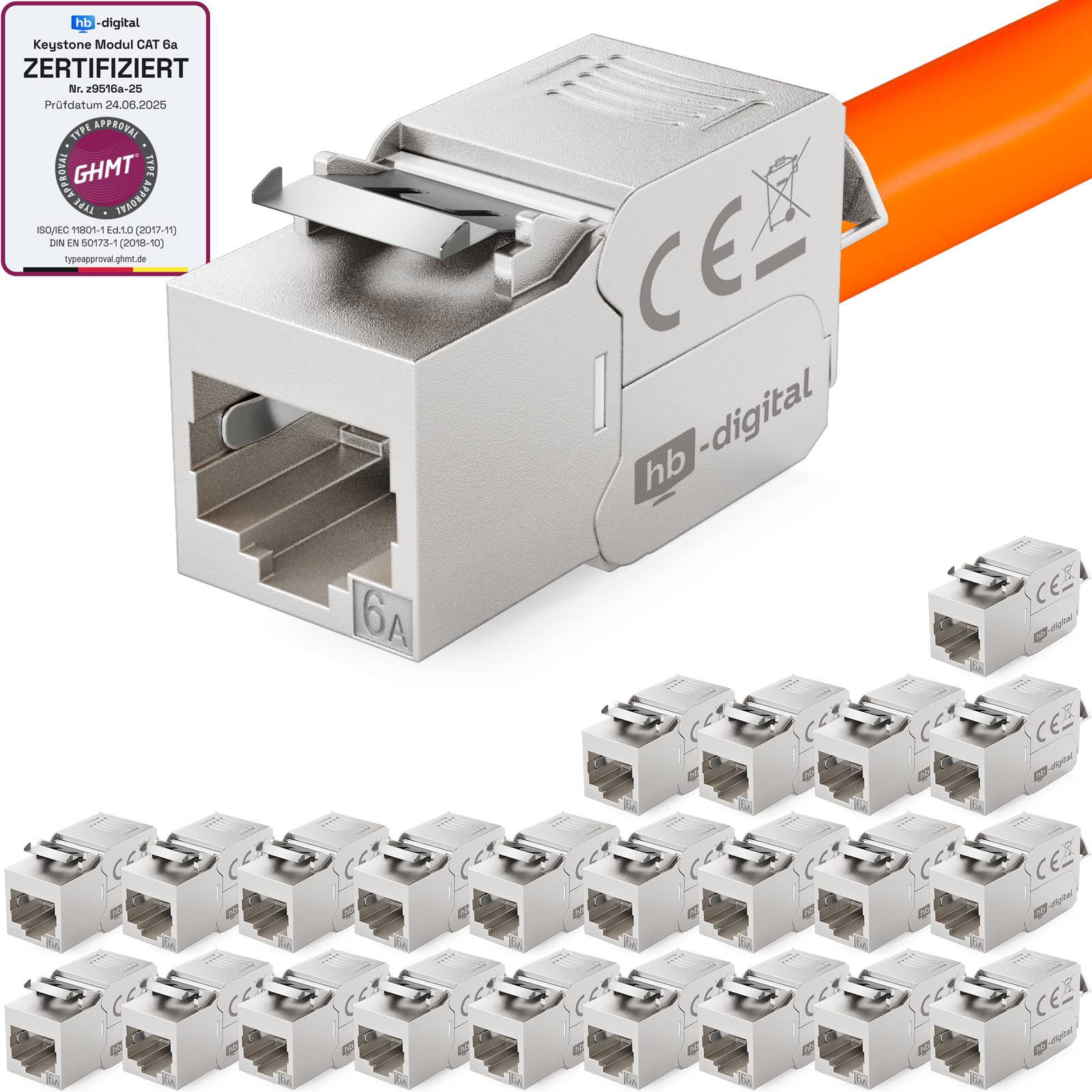hb-digital 24x Keystone Modul CAT 6a RJ45 180° Anschluss frontale LSA-Öffnung Zinklegierung silber