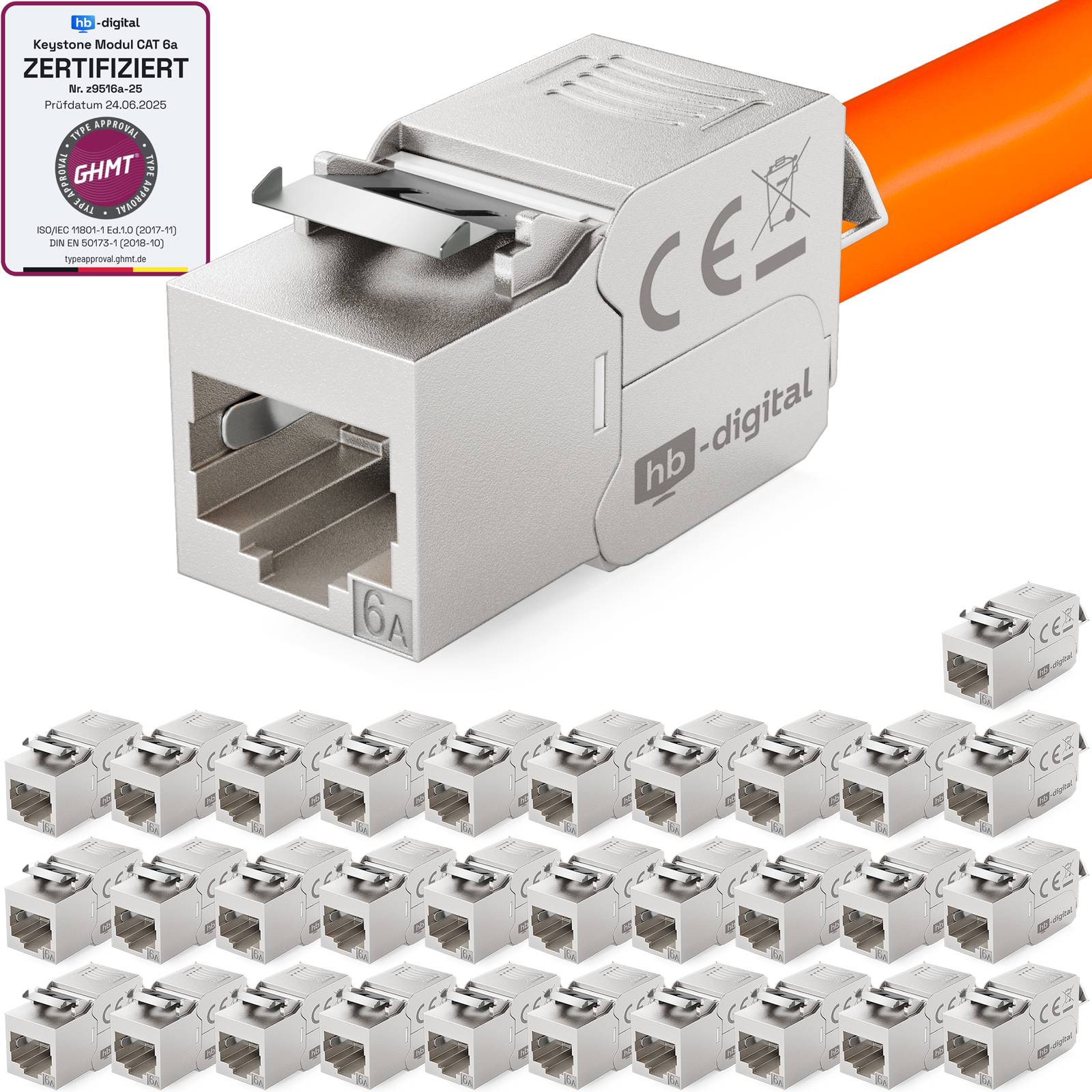 hb-digital 32x Keystone Modul CAT 6a RJ45 180° Anschluss frontale LSA-Öffnung Zinklegierung silber