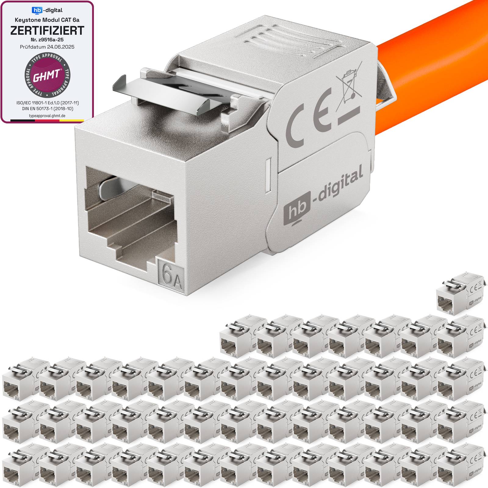 hb-digital Keystone Modul CAT 6a RJ45 Modul 180° Anschluss frontale LSA-Öffnung werkzeuglos Zinklegierung silber 48 Stk.