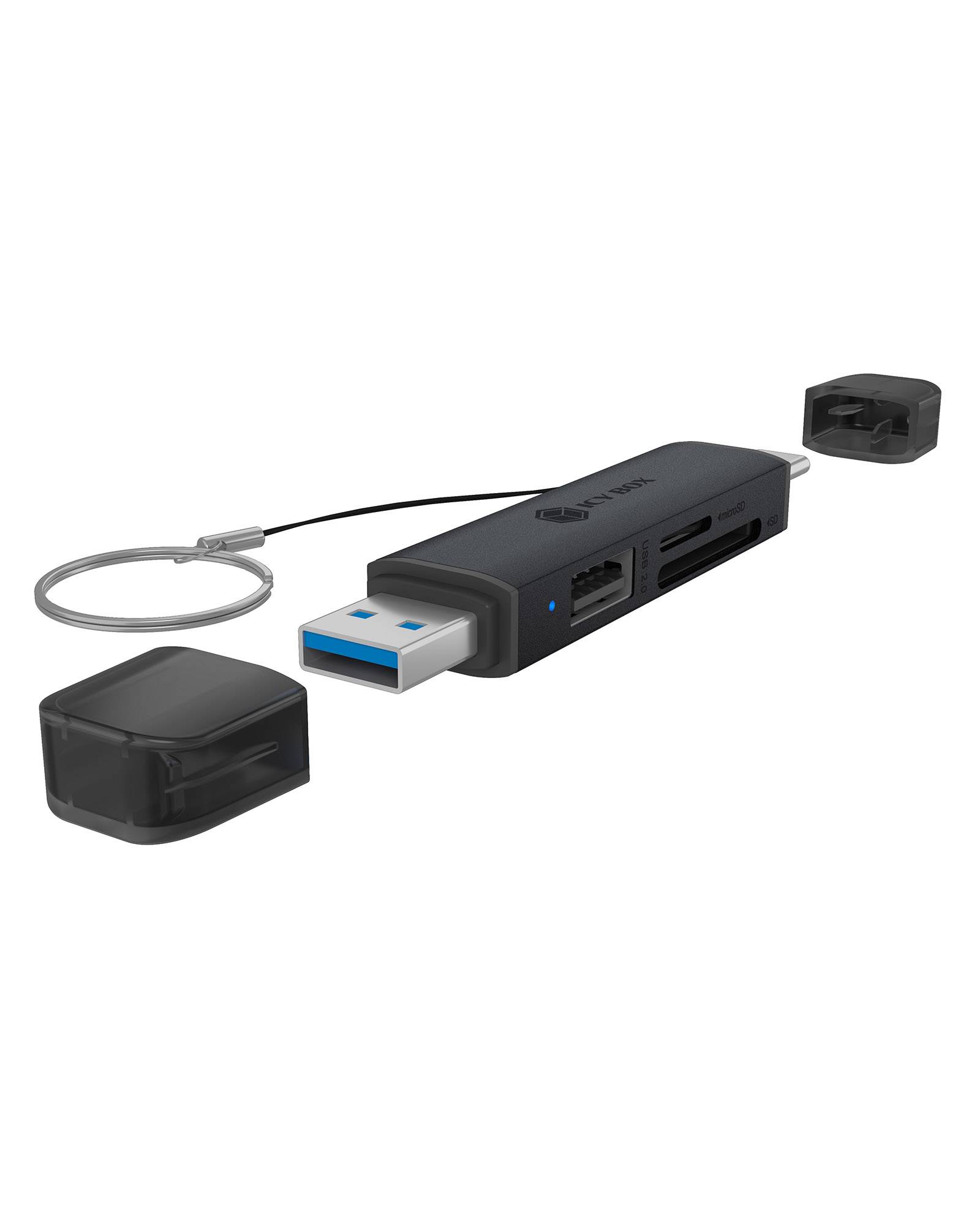 Schwarzes USB-Speicherlaufwerk mit zwei Schutzkappe und einer Handschlaufe, gezeigt auf weißem Hintergrund.