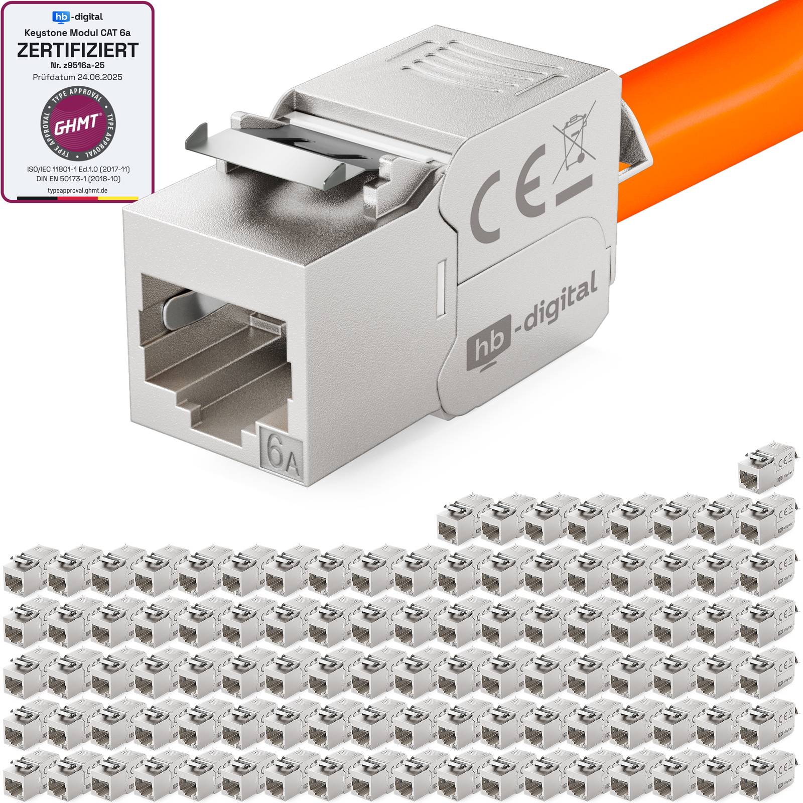hb-digital 100x Keystone Modul CAT 6a RJ45 180° Anschluss frontale LSA-Öffnung Zinklegierung silber
