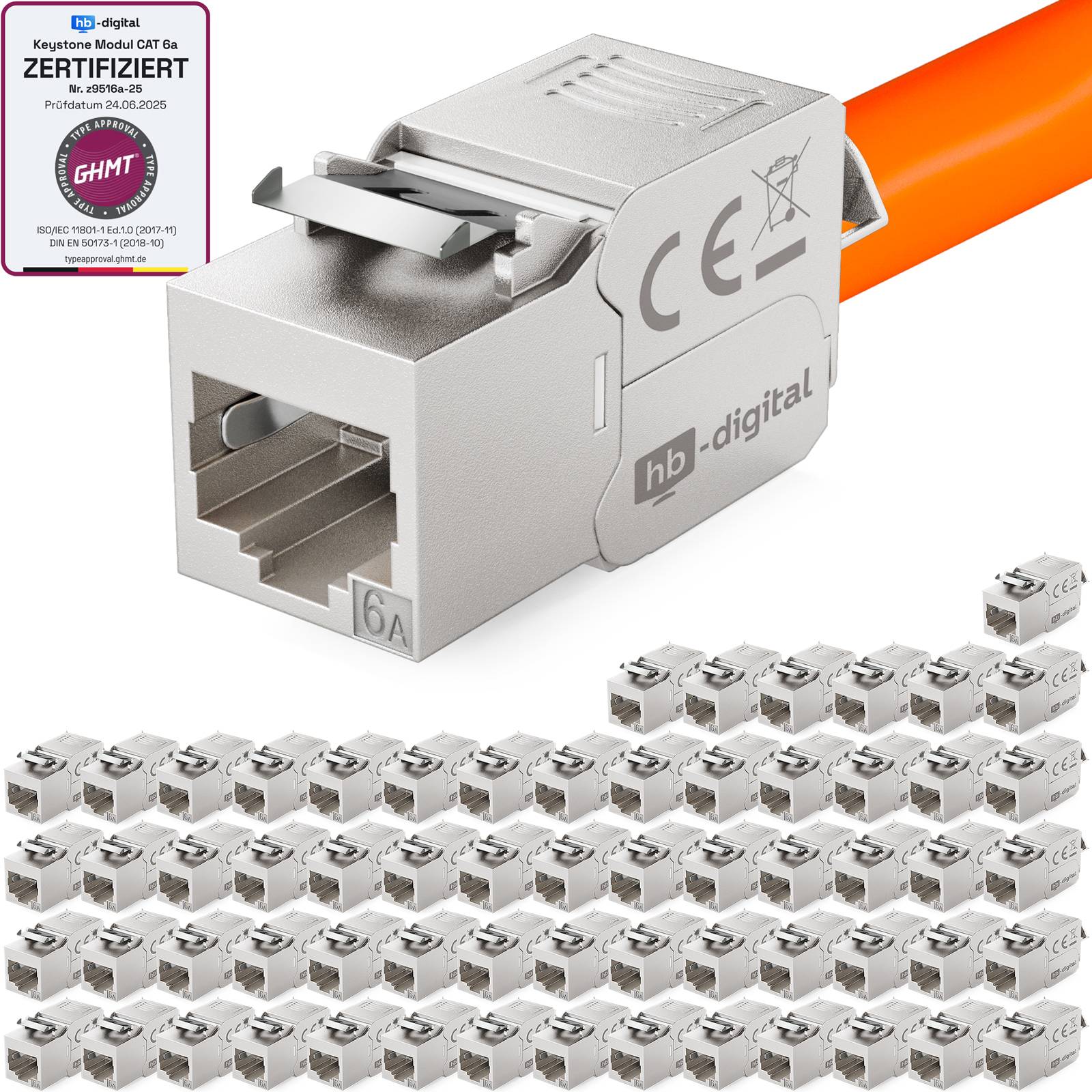 hb-digital 64x Keystone Modul CAT 6a RJ45 180° Anschluss frontale LSA-Öffnung Zinklegierung silber