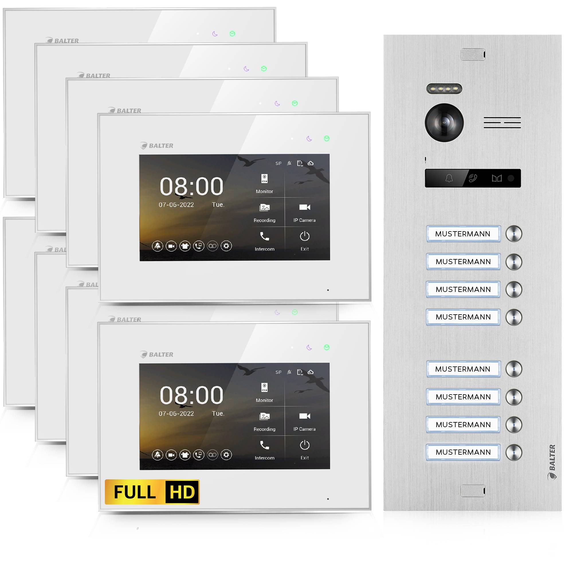 HD Video Türsprechanlage für 8 Familienhaus, 8x Monitor, Balter EVO HD