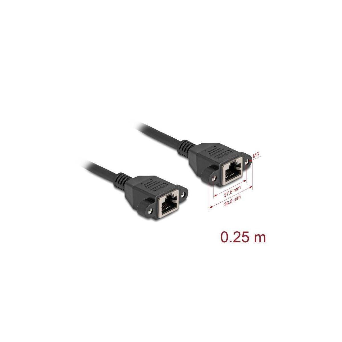 0,25 m Ethernet-Verlängerungskabel mit montierbaren Anschlüssen an beiden Enden, dargestellt mit Abmessungen: 27,8 mm Breite, 52,8 mm Tiefe.