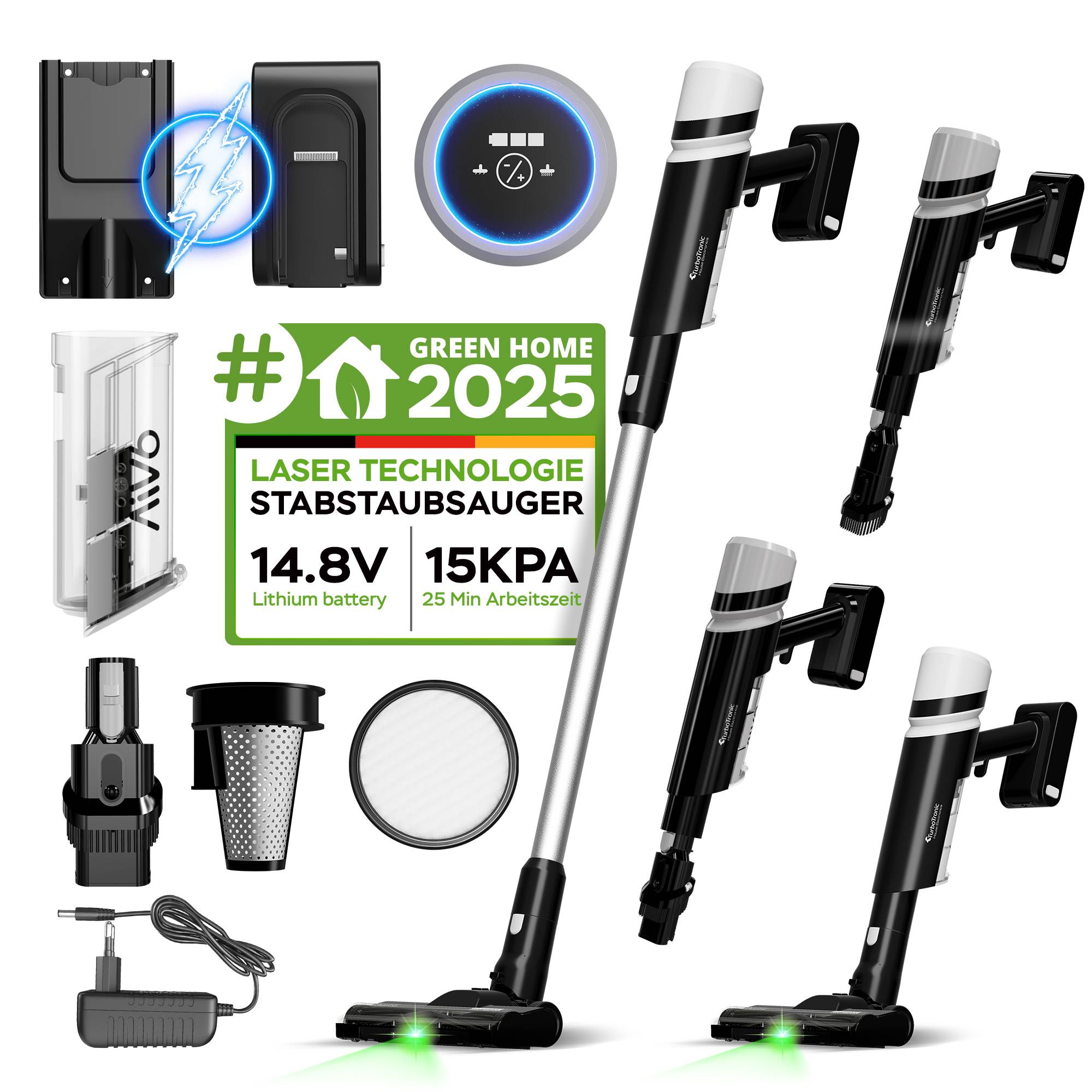 TurboTronic 15 kPa Stabstaubsauger mit grünem Laserlicht Akku kabellos 2in1 Handstaubsauger 120W beutellos leicht Hand Boden Stiel