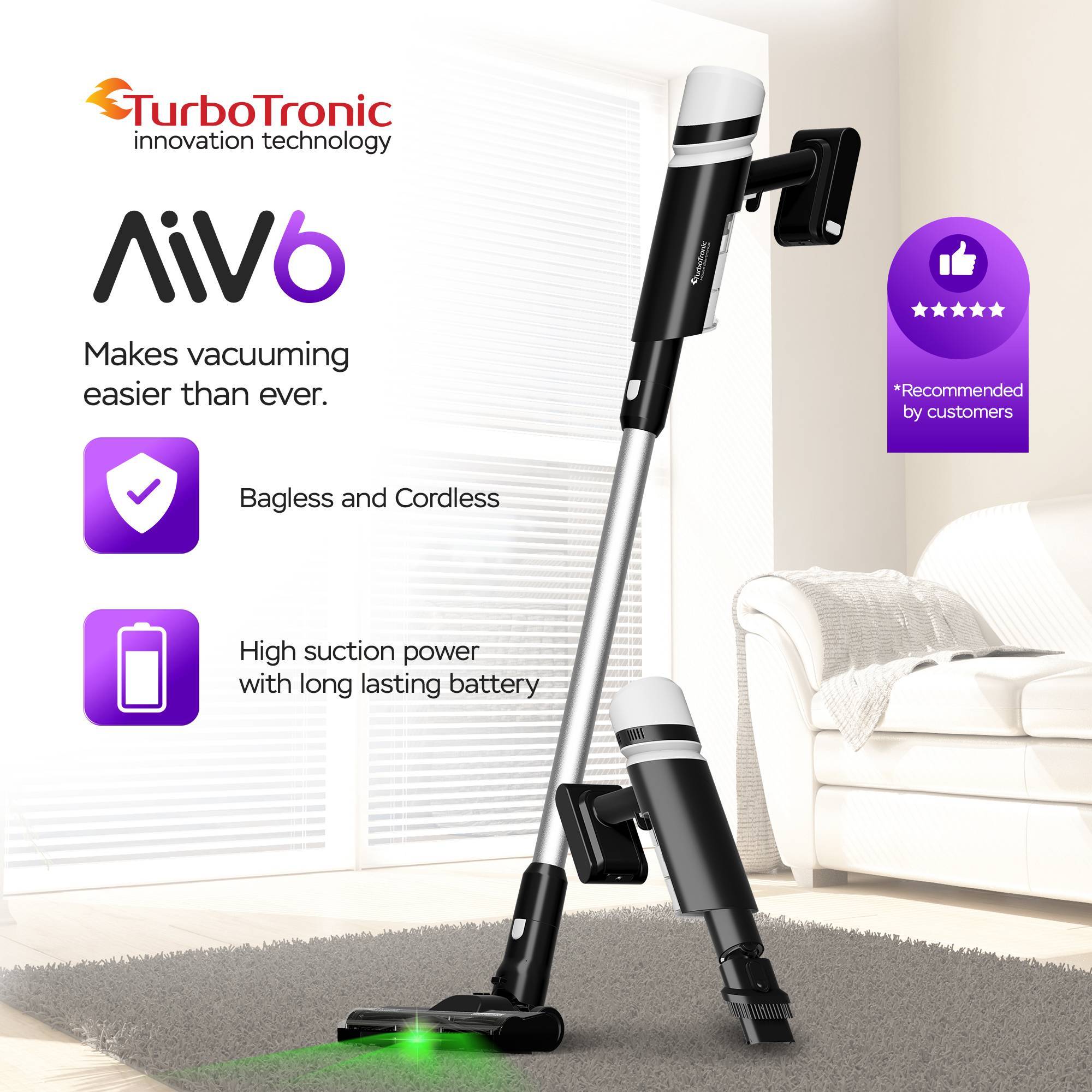 TurboTronic 15 kPa Stabstaubsauger mit grünem Laserlicht Akku kabellos 2in1 Handstaubsauger 120W beutellos leicht Hand Boden Stiel