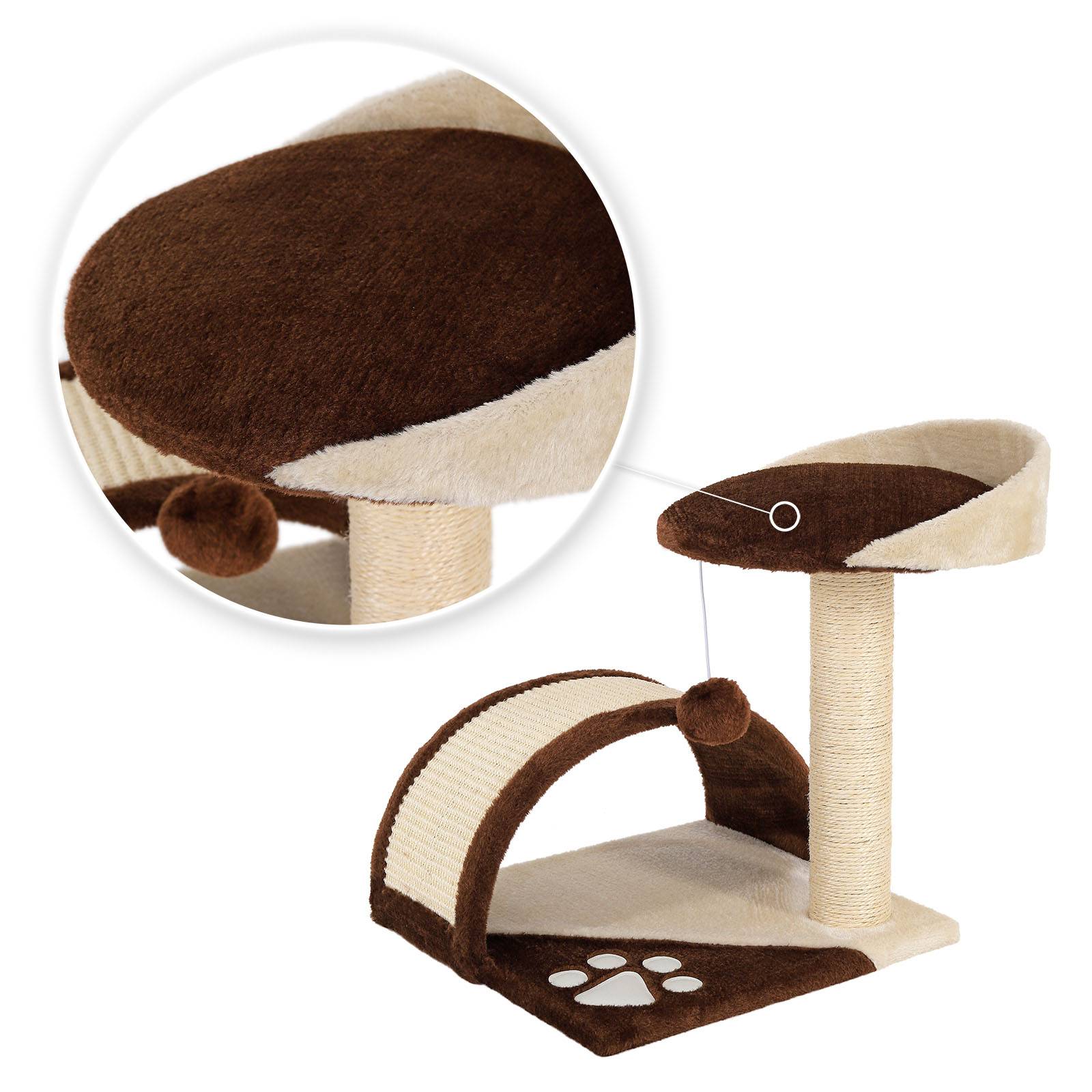 lionto Kompakt-Kratzbaum, kleiner Kratzbaum mit Spielball, Kratzbogen & Aussichtsplattform, platzsparend, Höhe 43 cm, braun/beige