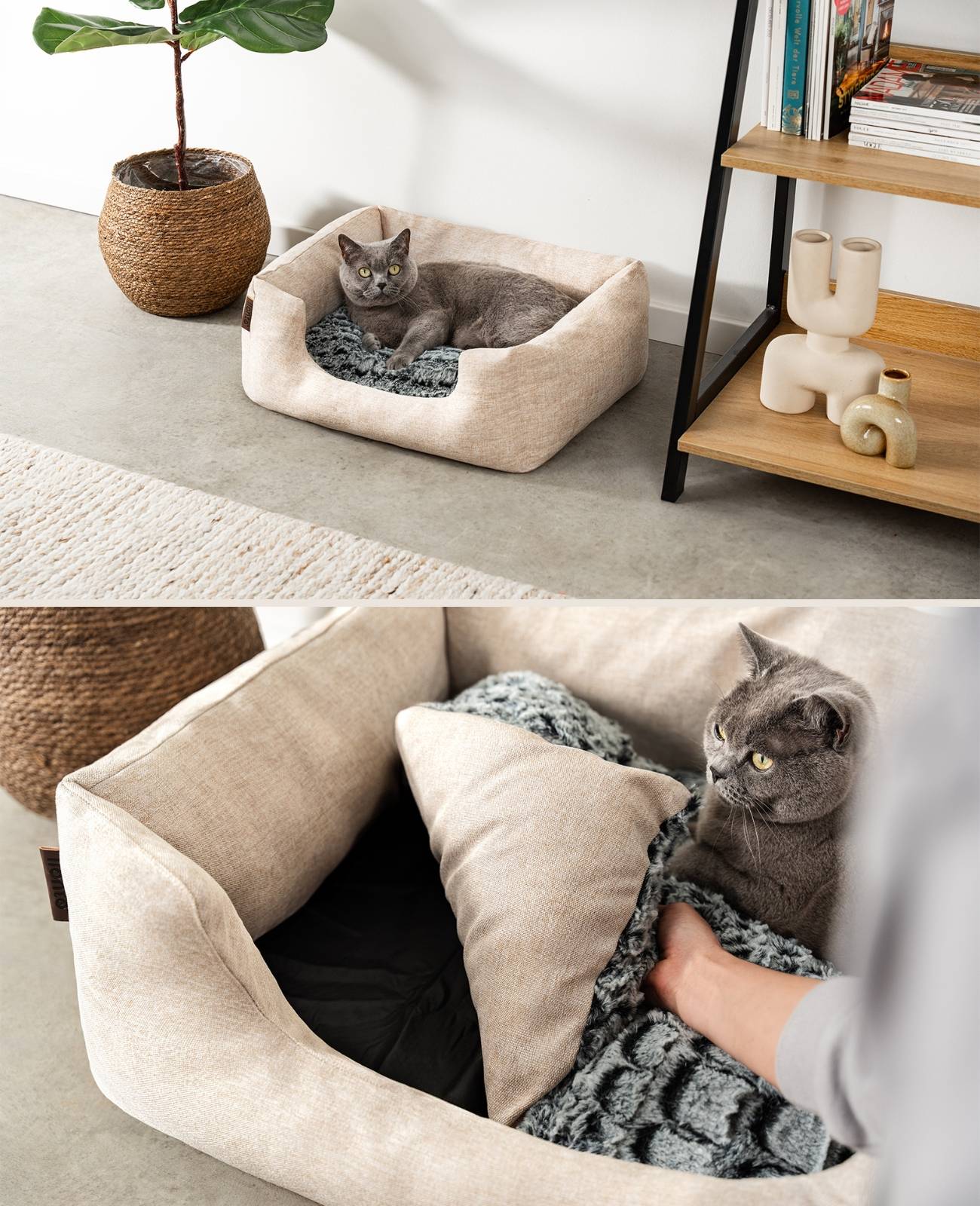 lionto Katzenbett, stilvolles Kuschelkörbchen mit tiefem Einstieg, Wendekissen & rutschfestem Boden, 60x50 cm, beige