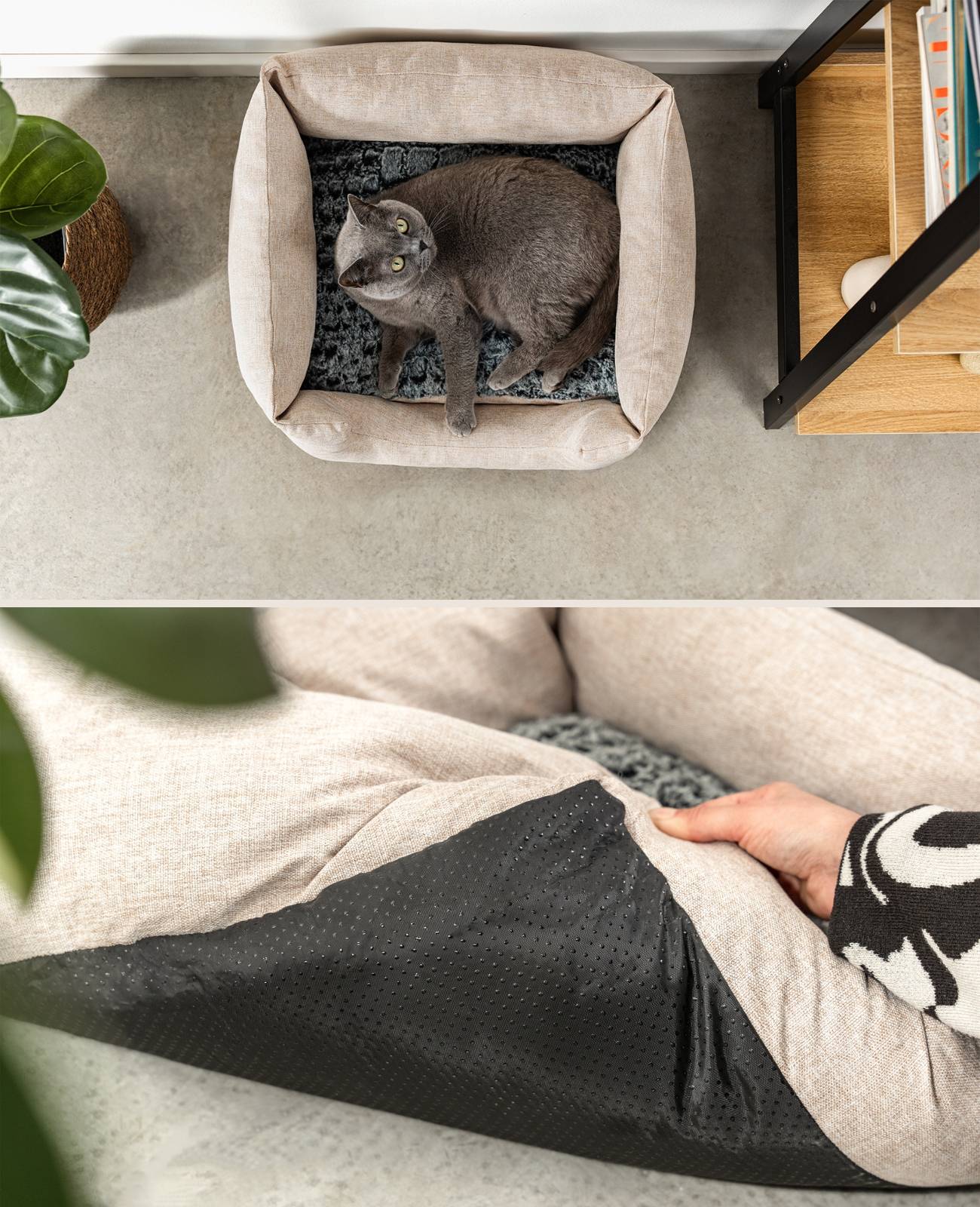 lionto Katzenbett, stilvolles Kuschelkörbchen mit tiefem Einstieg, Wendekissen & rutschfestem Boden, 60x50 cm, beige