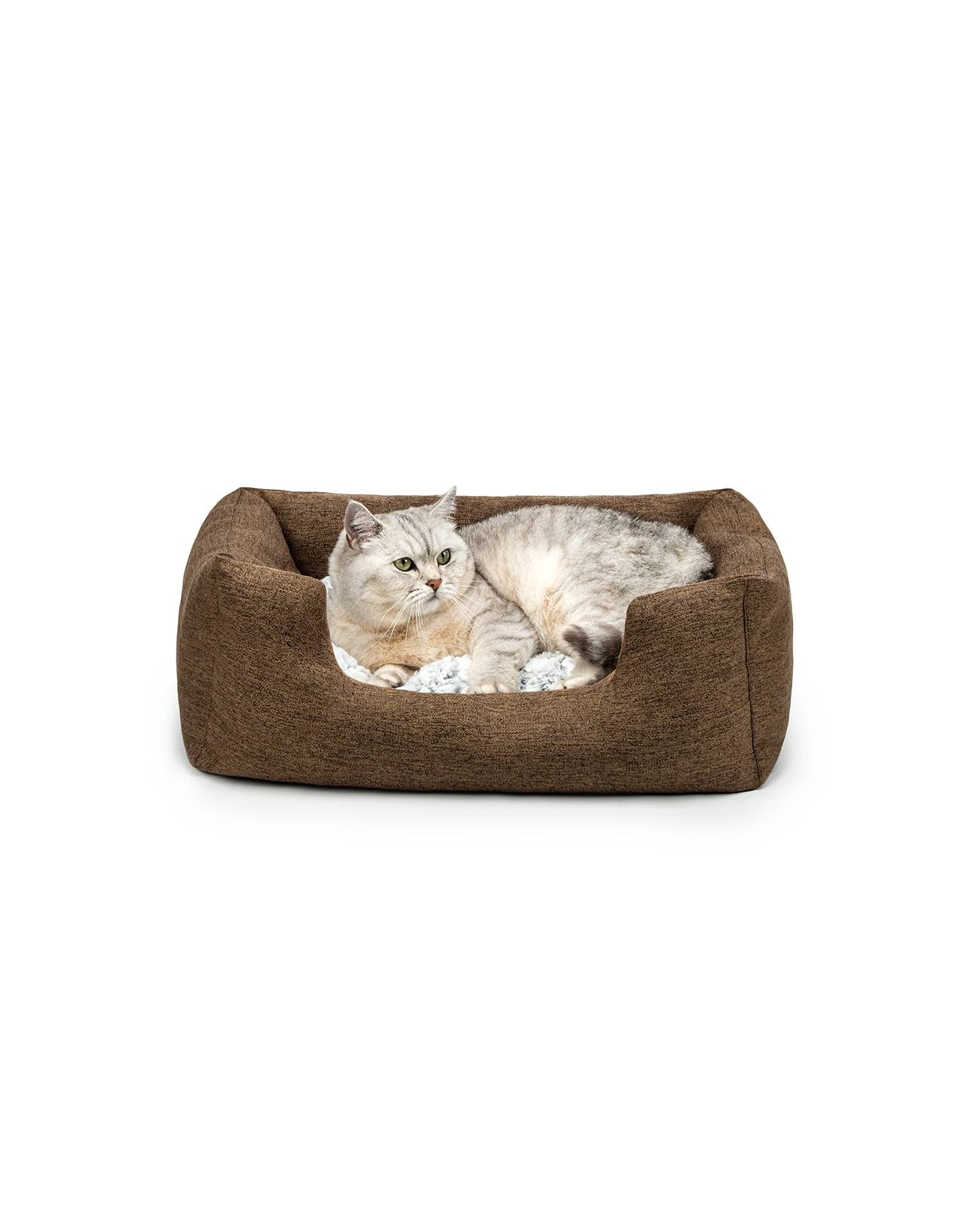 lionto Katzenbett, stilvolles Kuschelkörbchen mit tiefem Einstieg, Wendekissen & rutschfestem Boden, 60x50 cm, braun