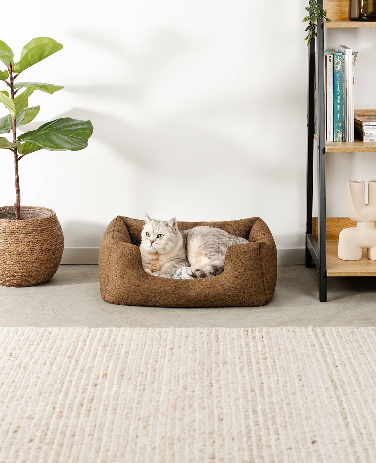 lionto Katzenbett, stilvolles Kuschelkörbchen mit tiefem Einstieg, Wendekissen & rutschfestem Boden, 60x50 cm, braun