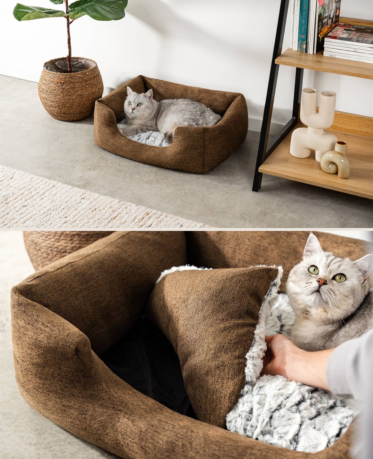 lionto Katzenbett, stilvolles Kuschelkörbchen mit tiefem Einstieg, Wendekissen & rutschfestem Boden, 60x50 cm, braun