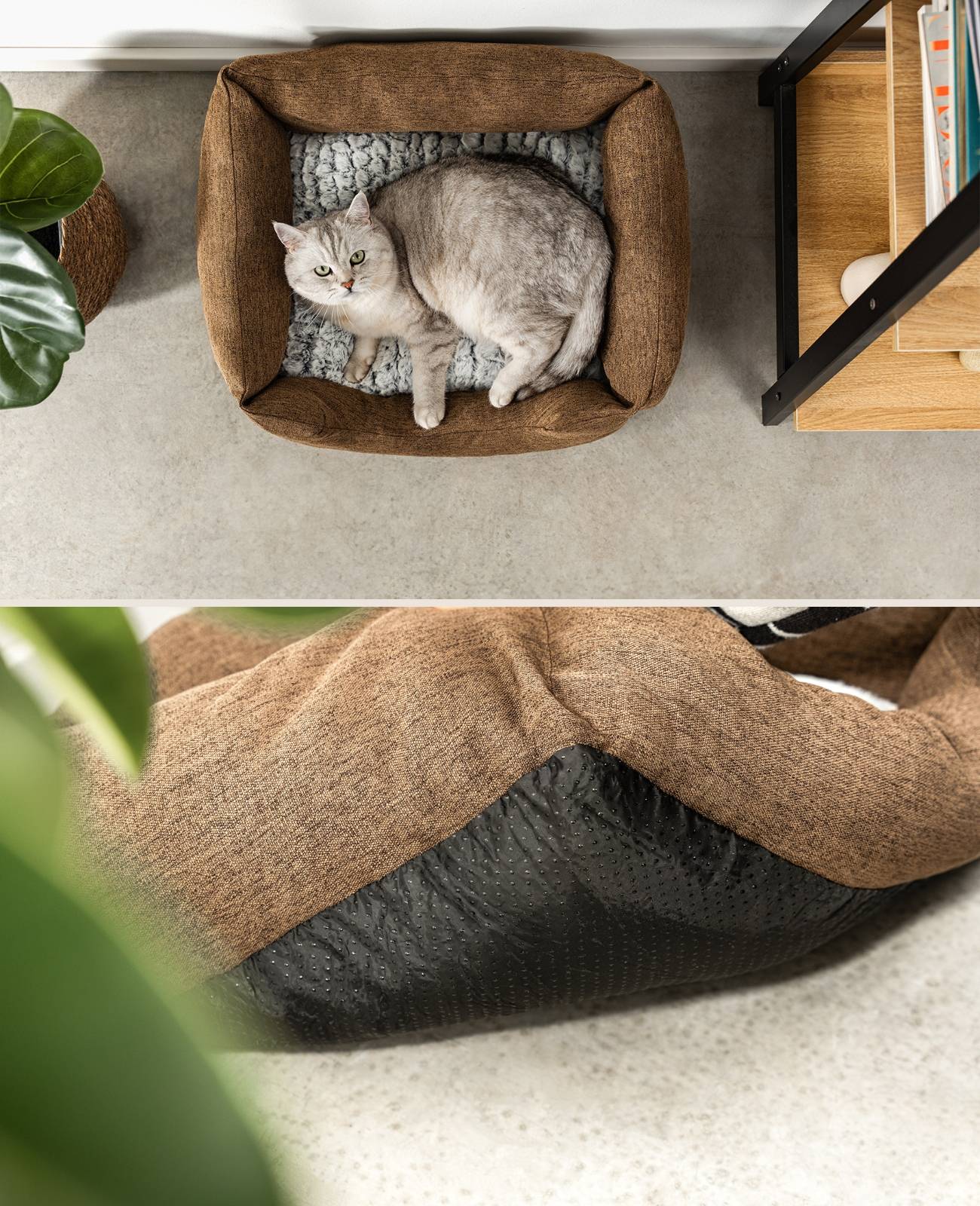 lionto Katzenbett, stilvolles Kuschelkörbchen mit tiefem Einstieg, Wendekissen & rutschfestem Boden, 60x50 cm, braun