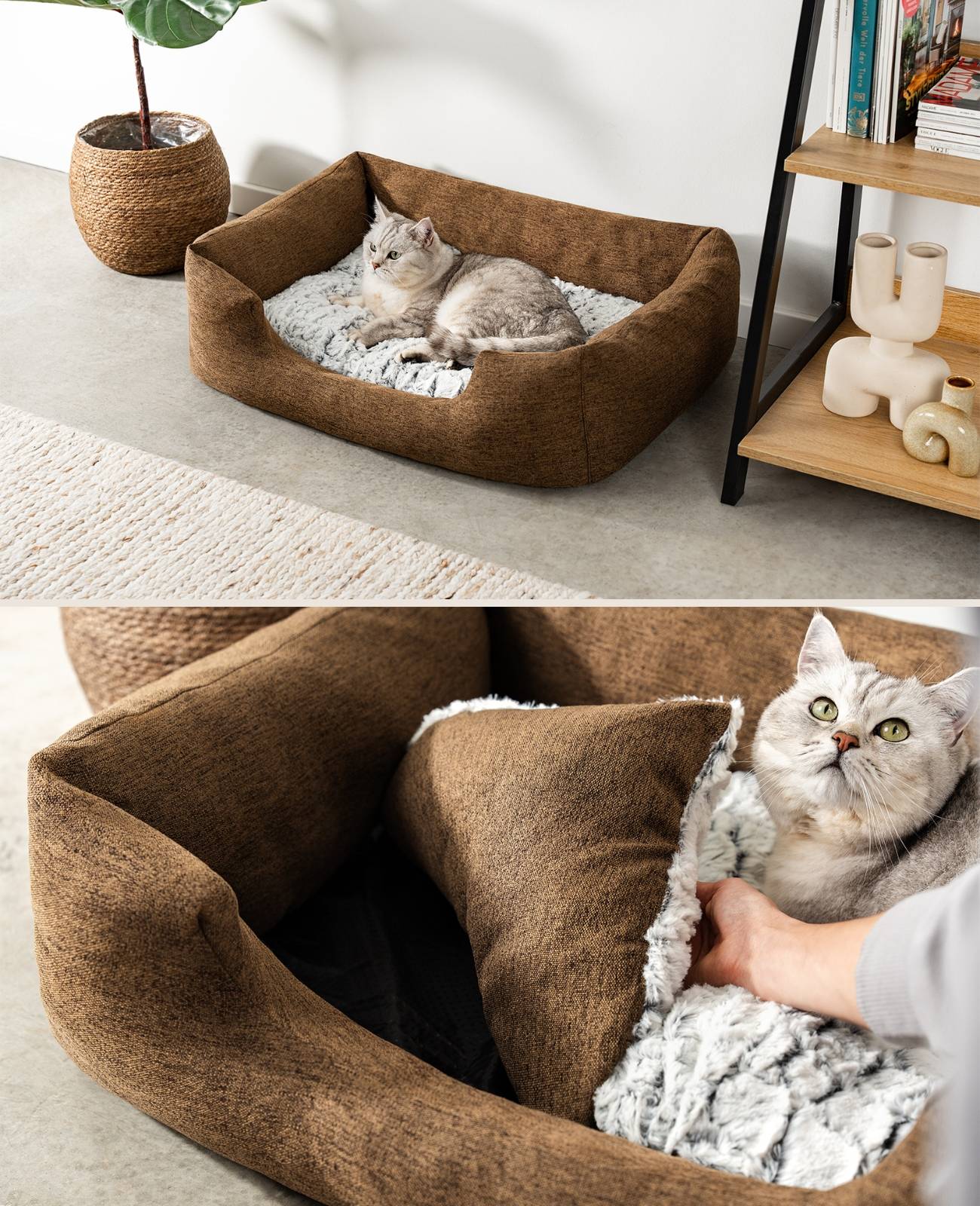 lionto Katzenbett, stilvolles Kuschelkörbchen mit tiefem Einstieg, Wendekissen & rutschfestem Boden, 80x60 cm, braun