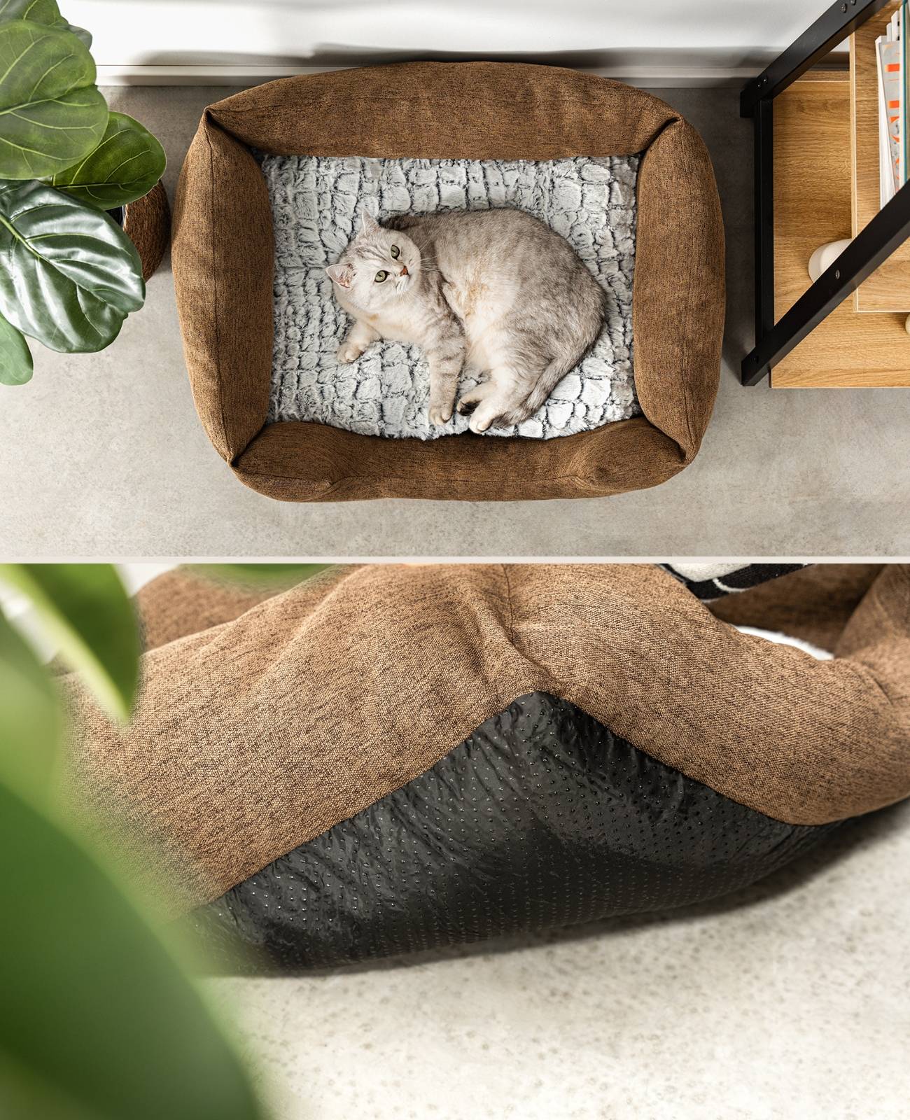 lionto Katzenbett, stilvolles Kuschelkörbchen mit tiefem Einstieg, Wendekissen & rutschfestem Boden, 80x60 cm, braun