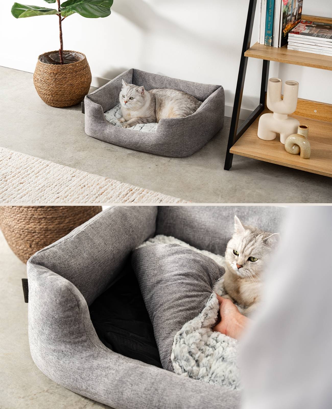lionto Katzenbett, stilvolles Kuschelkörbchen mit tiefem Einstieg, Wendekissen & rutschfestem Boden, 60x50 cm, grau