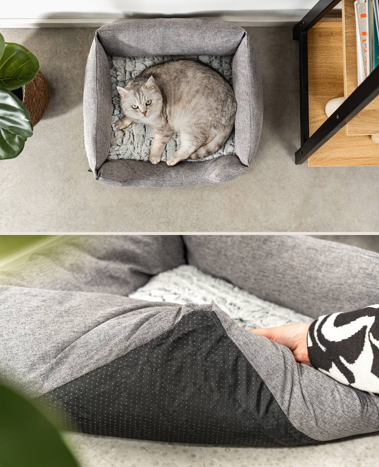 lionto Katzenbett, stilvolles Kuschelkörbchen mit tiefem Einstieg, Wendekissen & rutschfestem Boden, 60x50 cm, grau