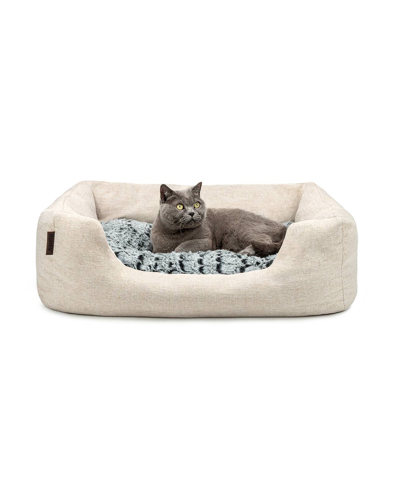 lionto Katzenbett, stilvolles Kuschelkörbchen mit tiefem Einstieg, Wendekissen & rutschfestem Boden, 80x60 cm, beige