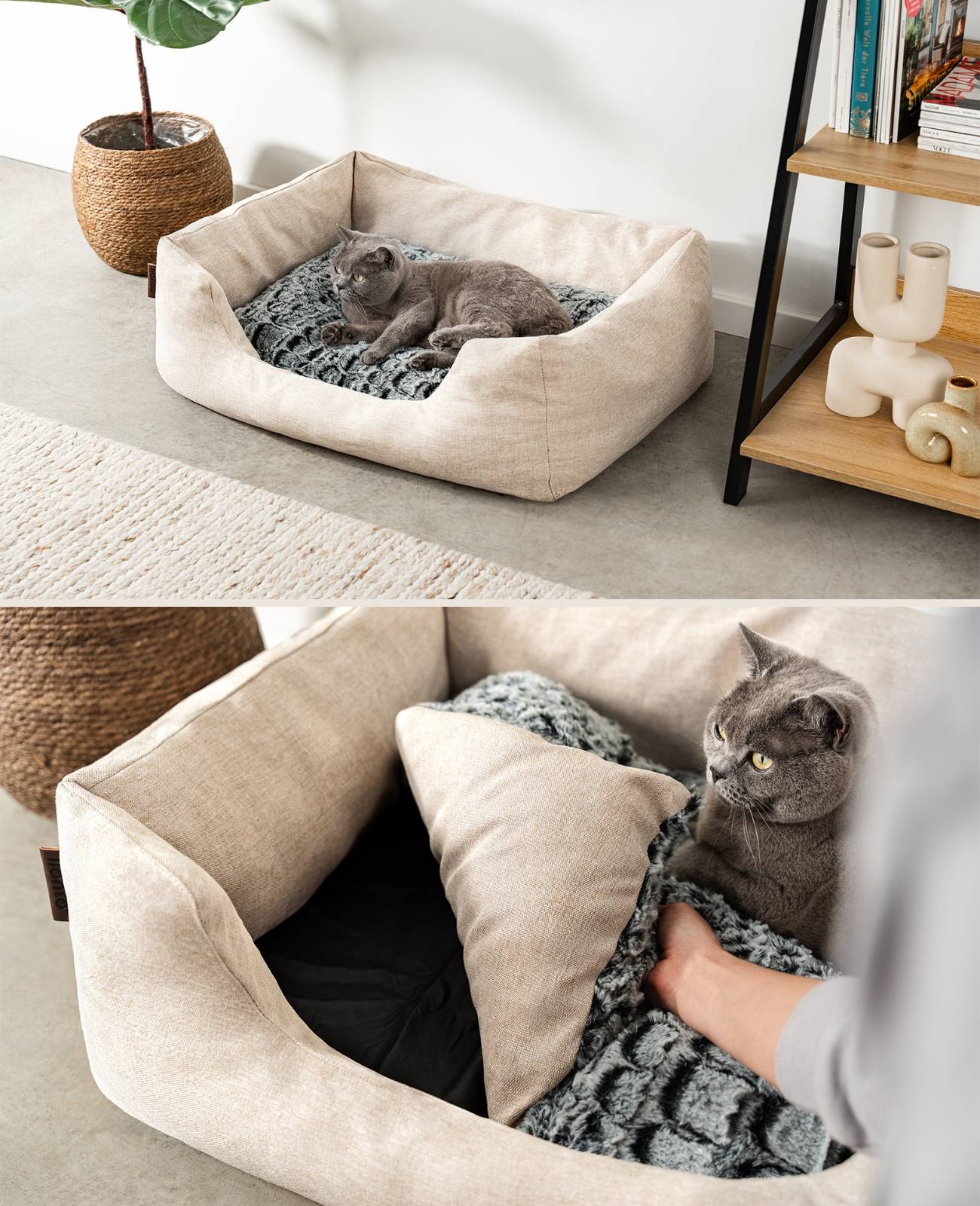 lionto Katzenbett, stilvolles Kuschelkörbchen mit tiefem Einstieg, Wendekissen & rutschfestem Boden, 80x60 cm, beige