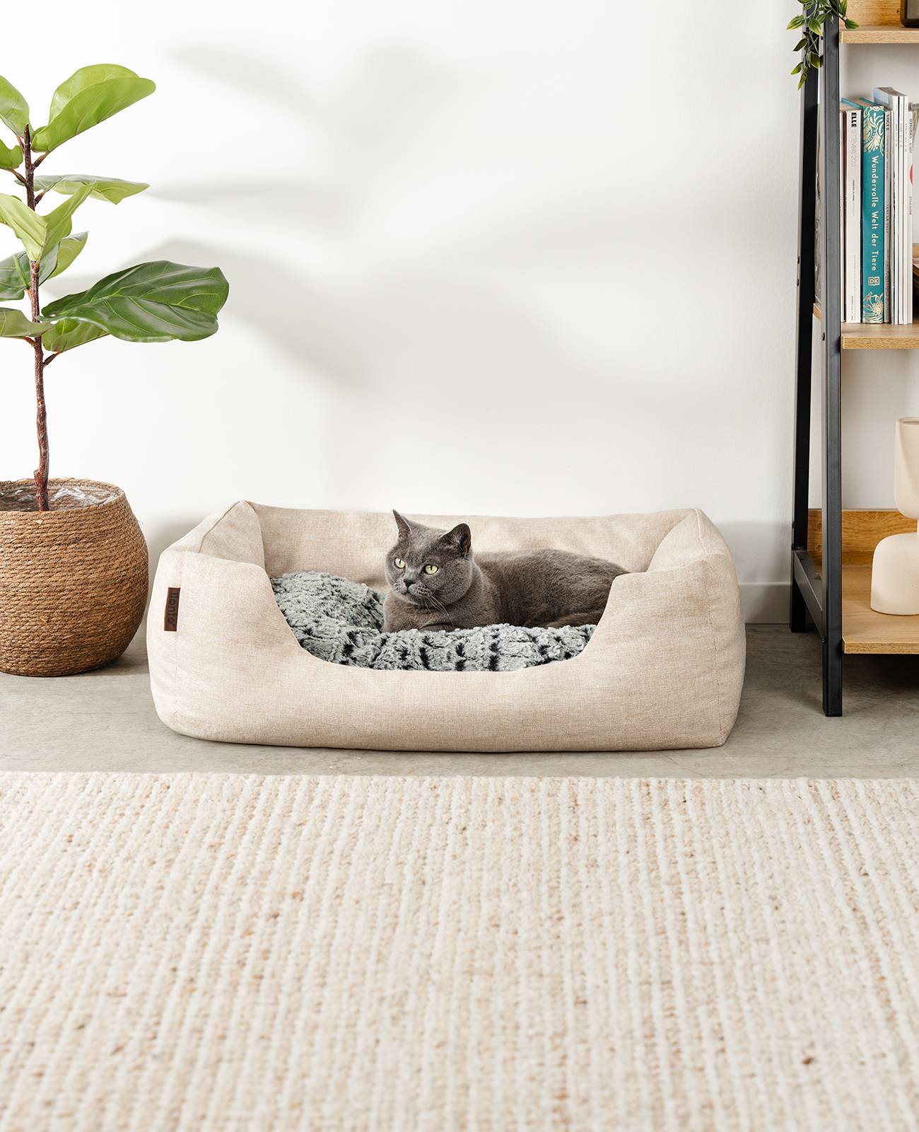 lionto Katzenbett, stilvolles Kuschelkörbchen mit tiefem Einstieg, Wendekissen & rutschfestem Boden, 80x60 cm, beige